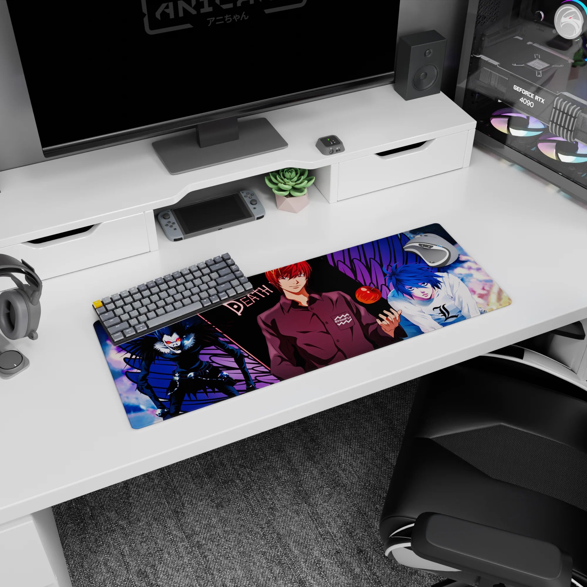Light Yagami smirking with Ryuk behind and L staring close, anime mouse pad 32x12 inches.