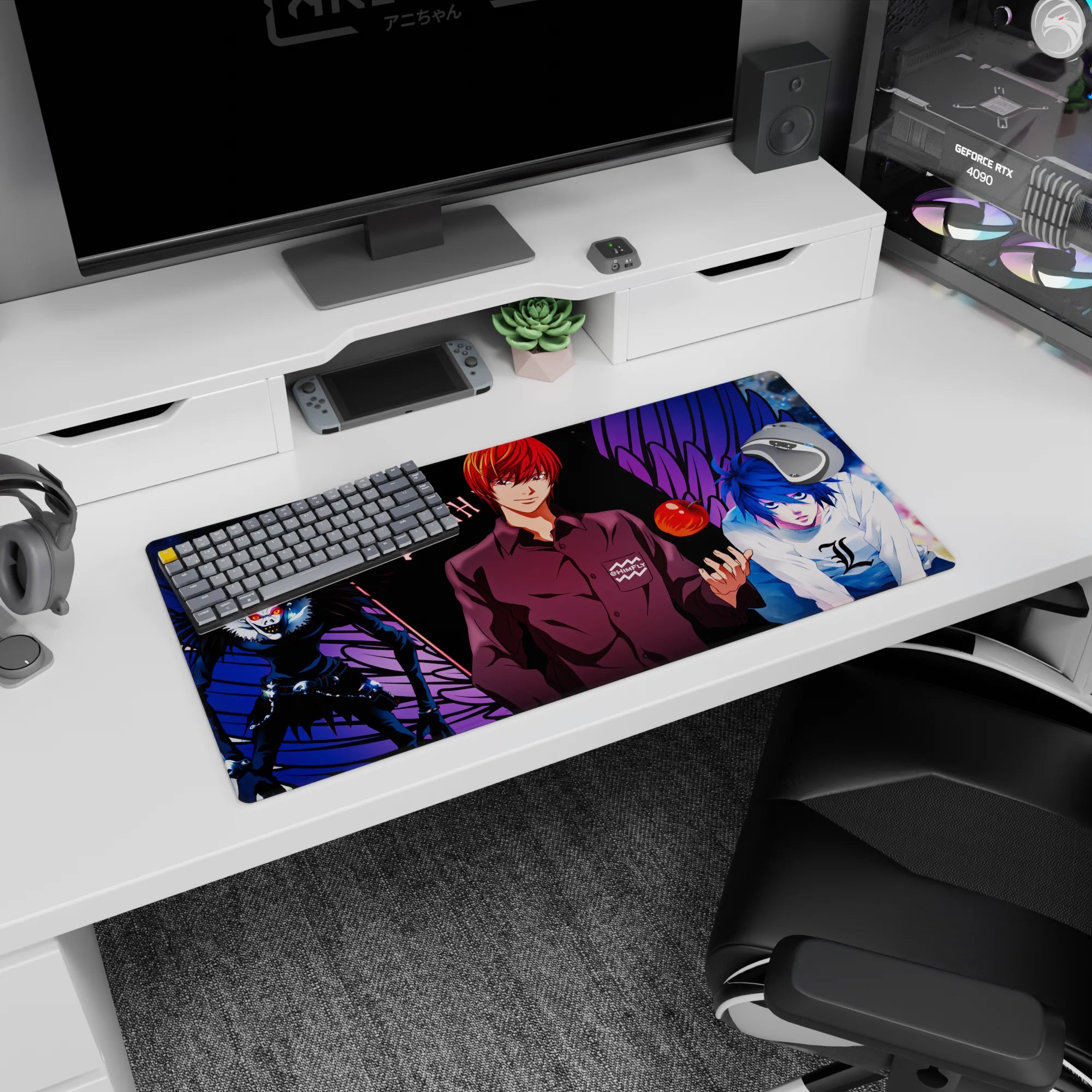 32x16 inches Death Note mouse pad with Light Yagami smirking, Ryuk grinning, and L staring close.