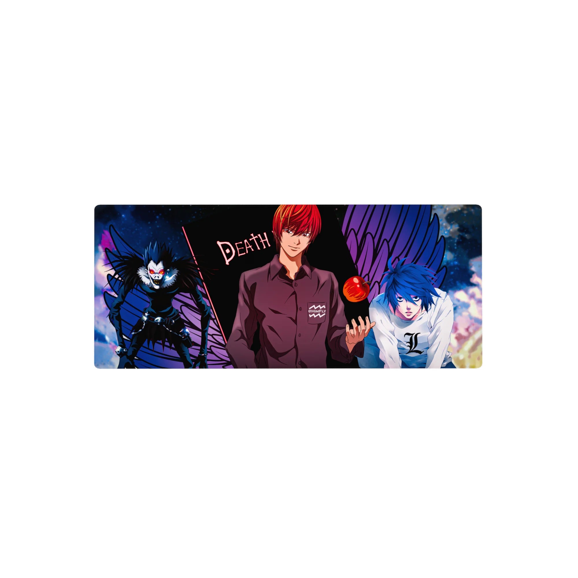 Death Note anime mouse pad 28x12 inches with Light, L, and Ryuk, purple wings and DEATH text.
