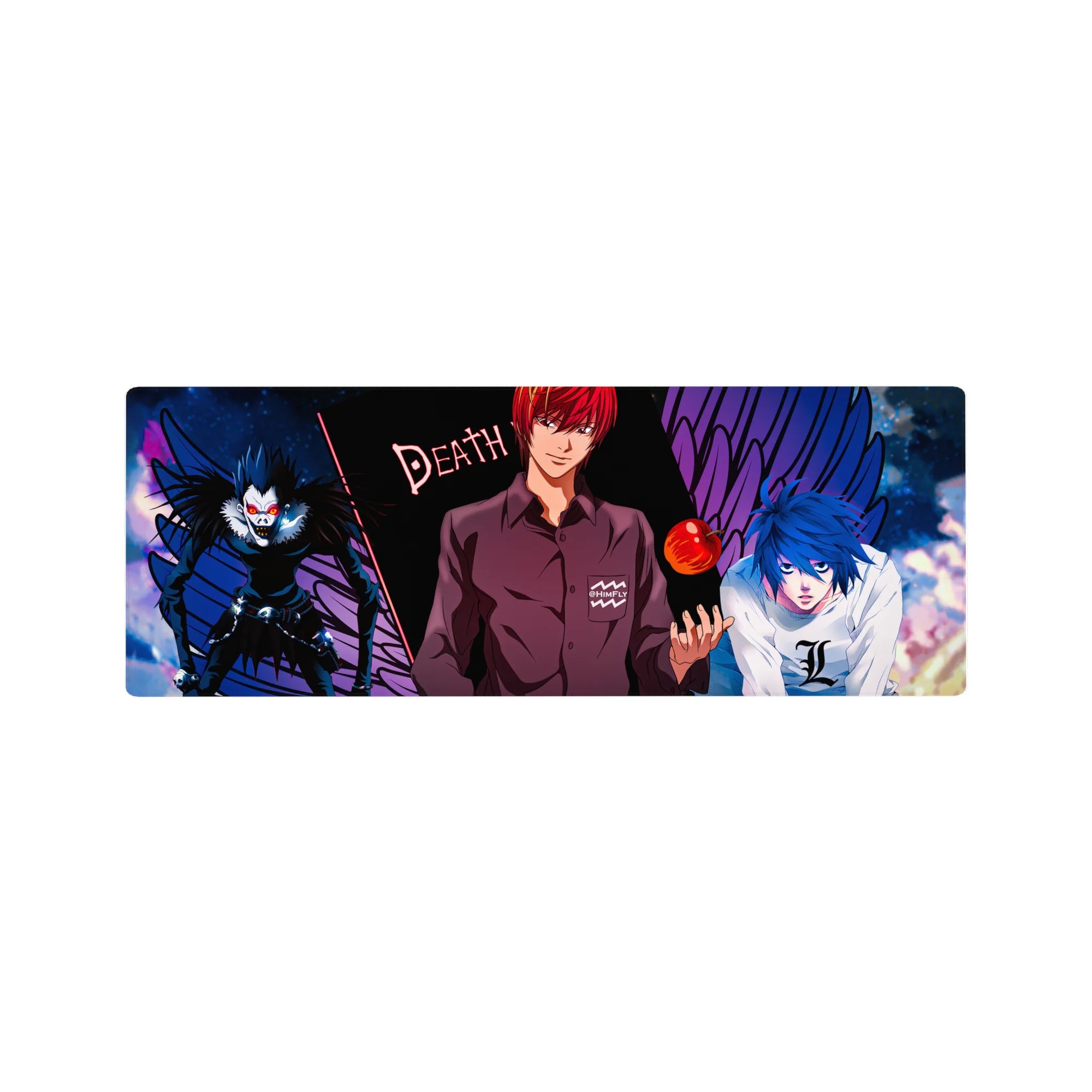 Death Note anime mouse pad 32x12 inches with Light, L, and Ryuk, purple wings and DEATH text.