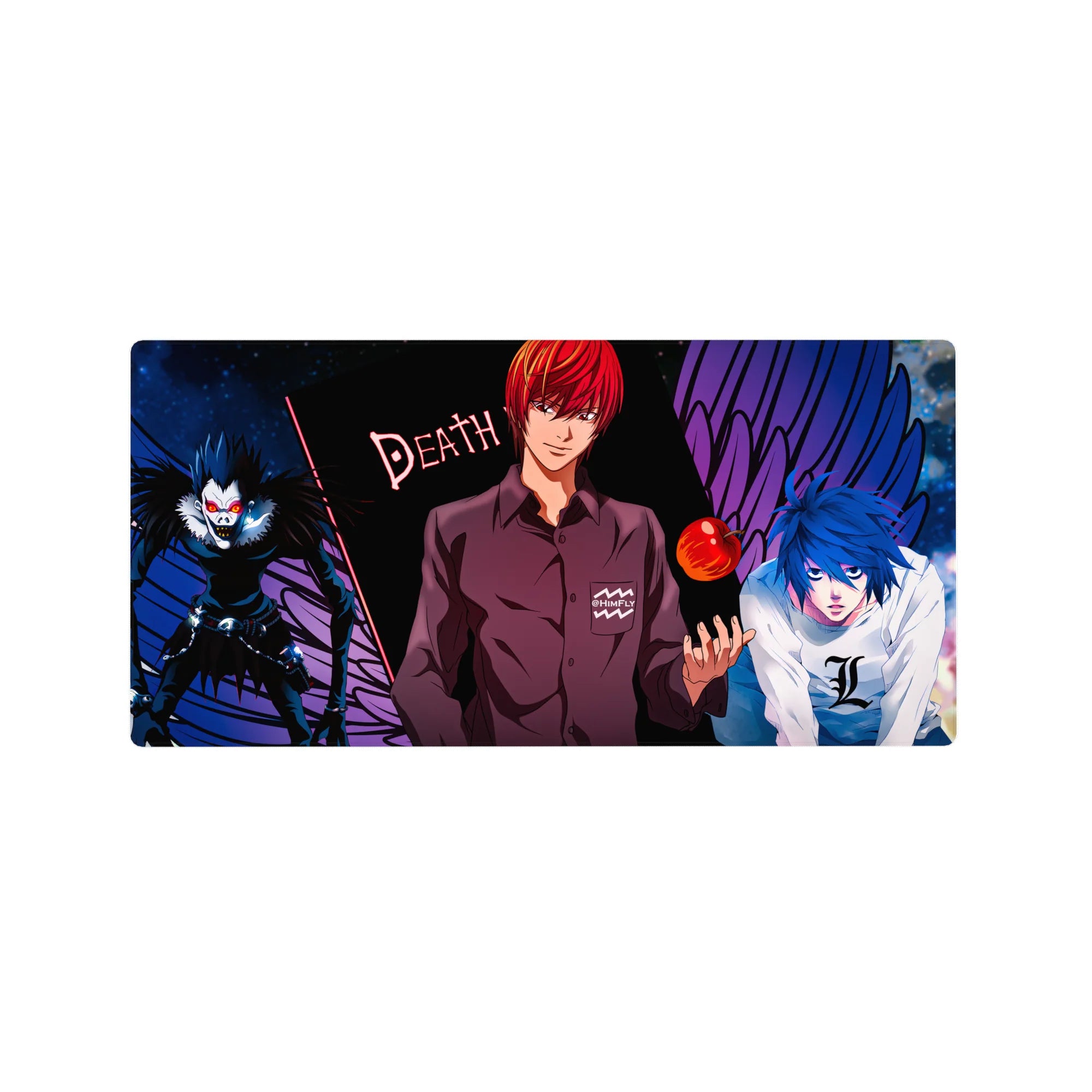 32x16 inches anime mouse pad with Light, Ryuk, and L, purple wings backdrop and DEATH text.