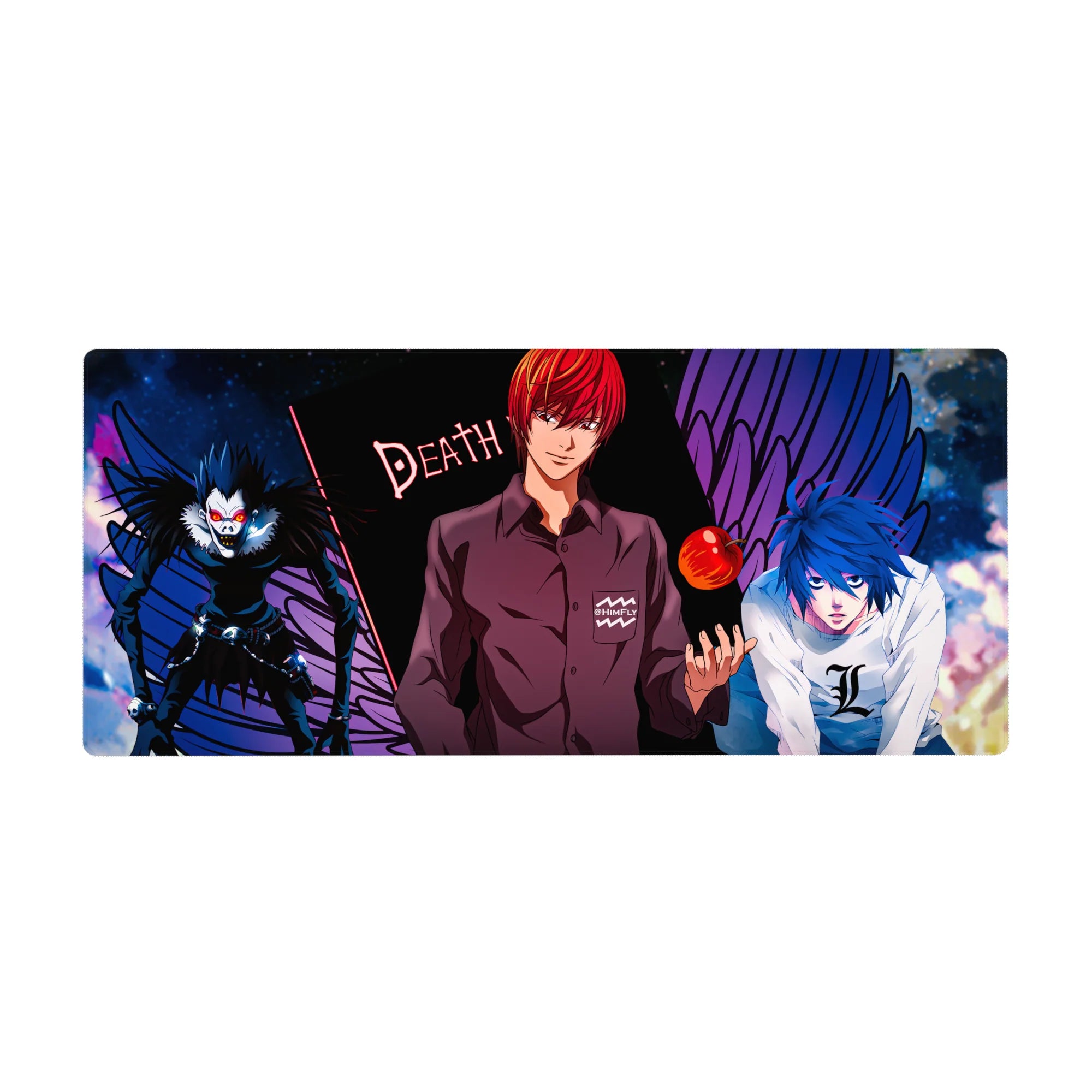 Death Note anime desk pad 36x16 inches with Light, L, Ryuk, purple wings, and DEATH text artwork.