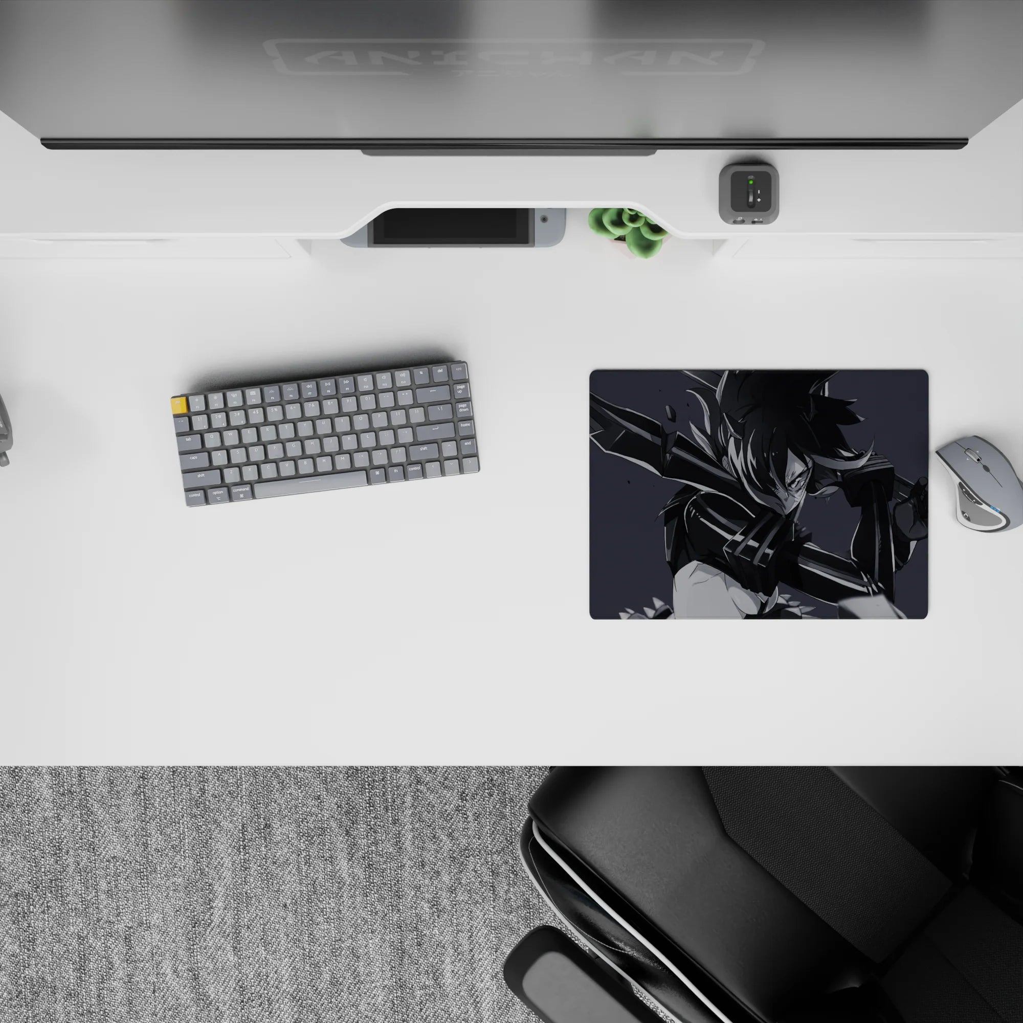 Moody monochrome anime girl mouse pad 14x10 inches in smoky gray tones, sharp black lines and glossy highlights.
