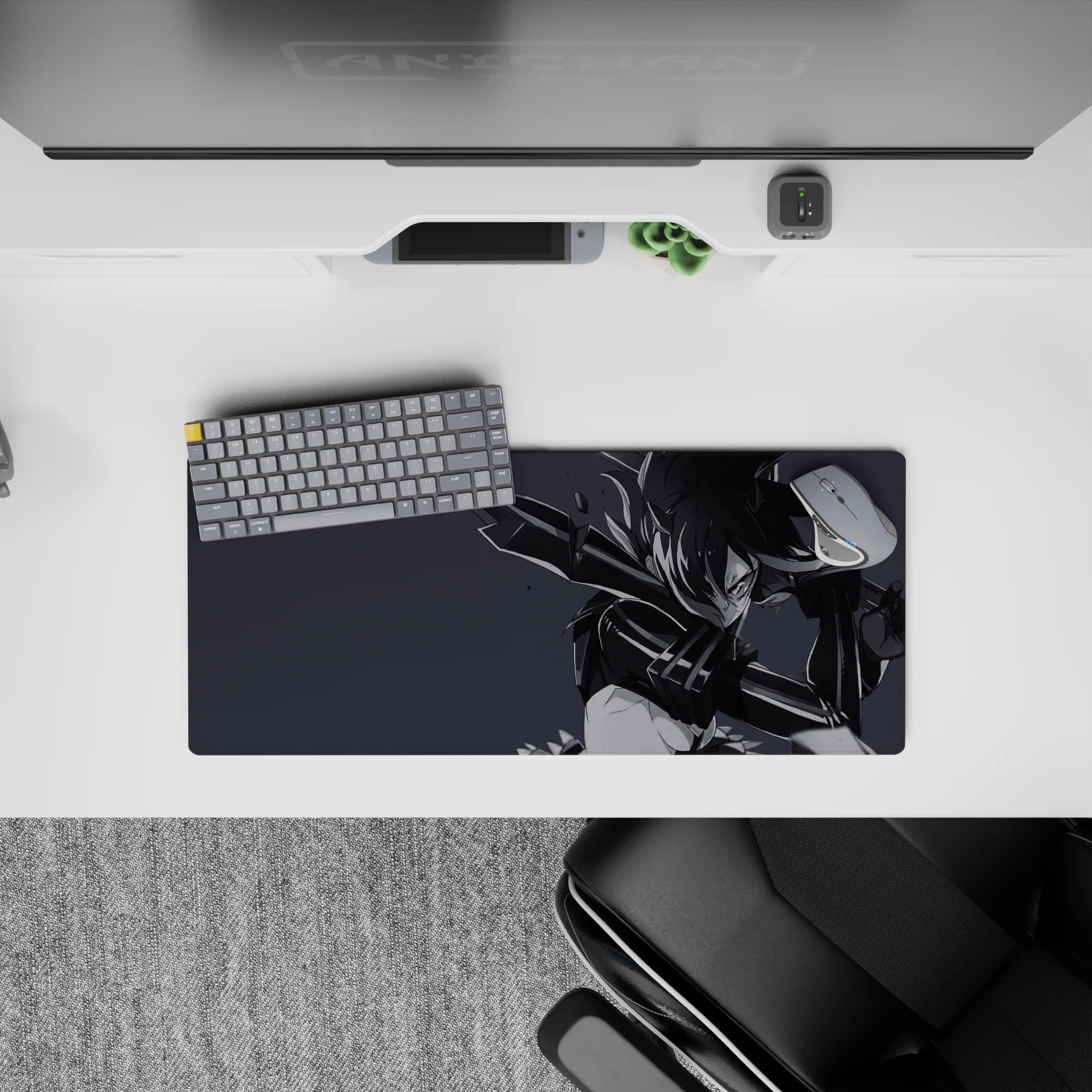 28x12 inches monochrome anime girl desk mat in moody gray tones with sharp ink-streak hair highlights.