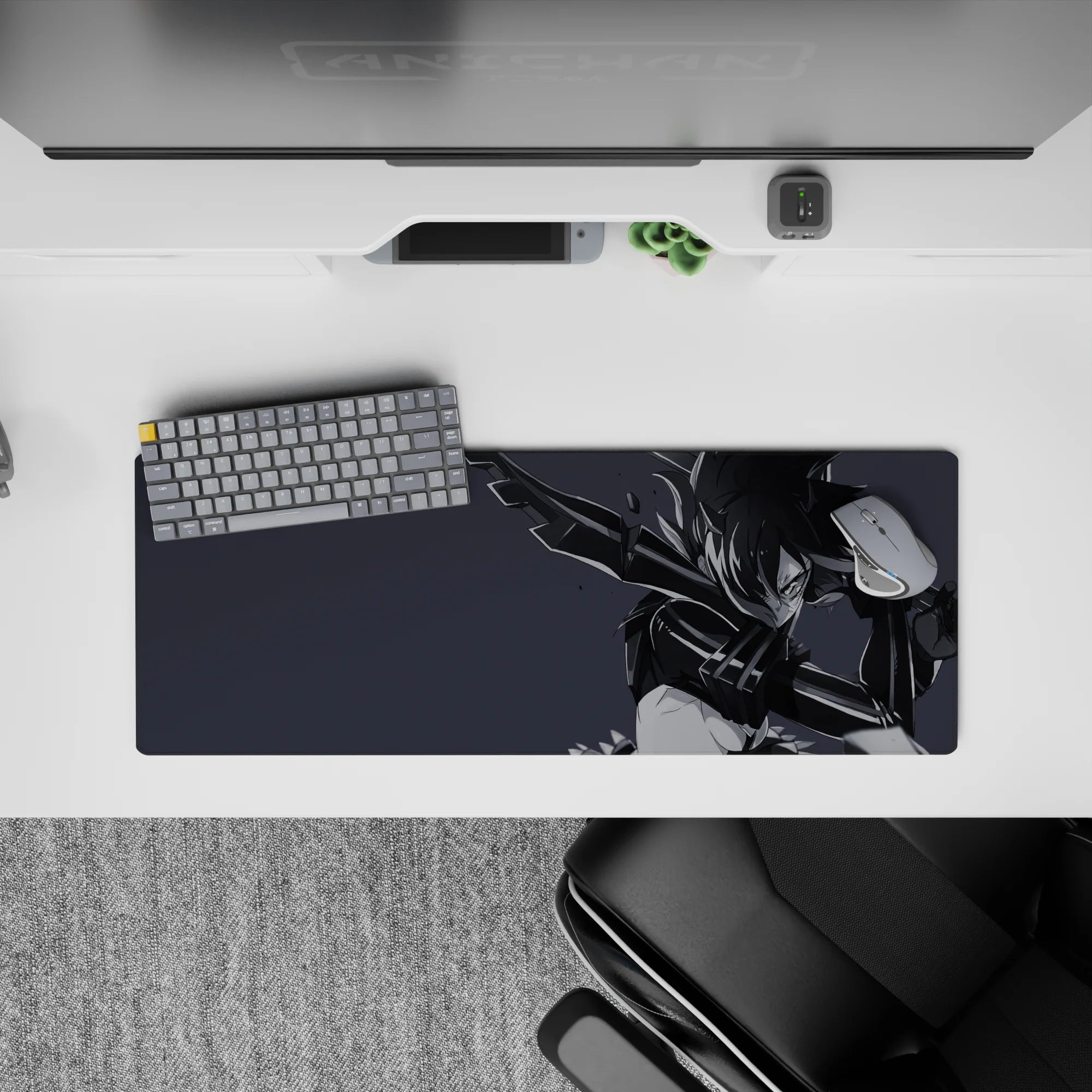 Moody monochrome anime girl mouse pad 32x12 inches in smoky gray tones with sharp ink-streak hair.