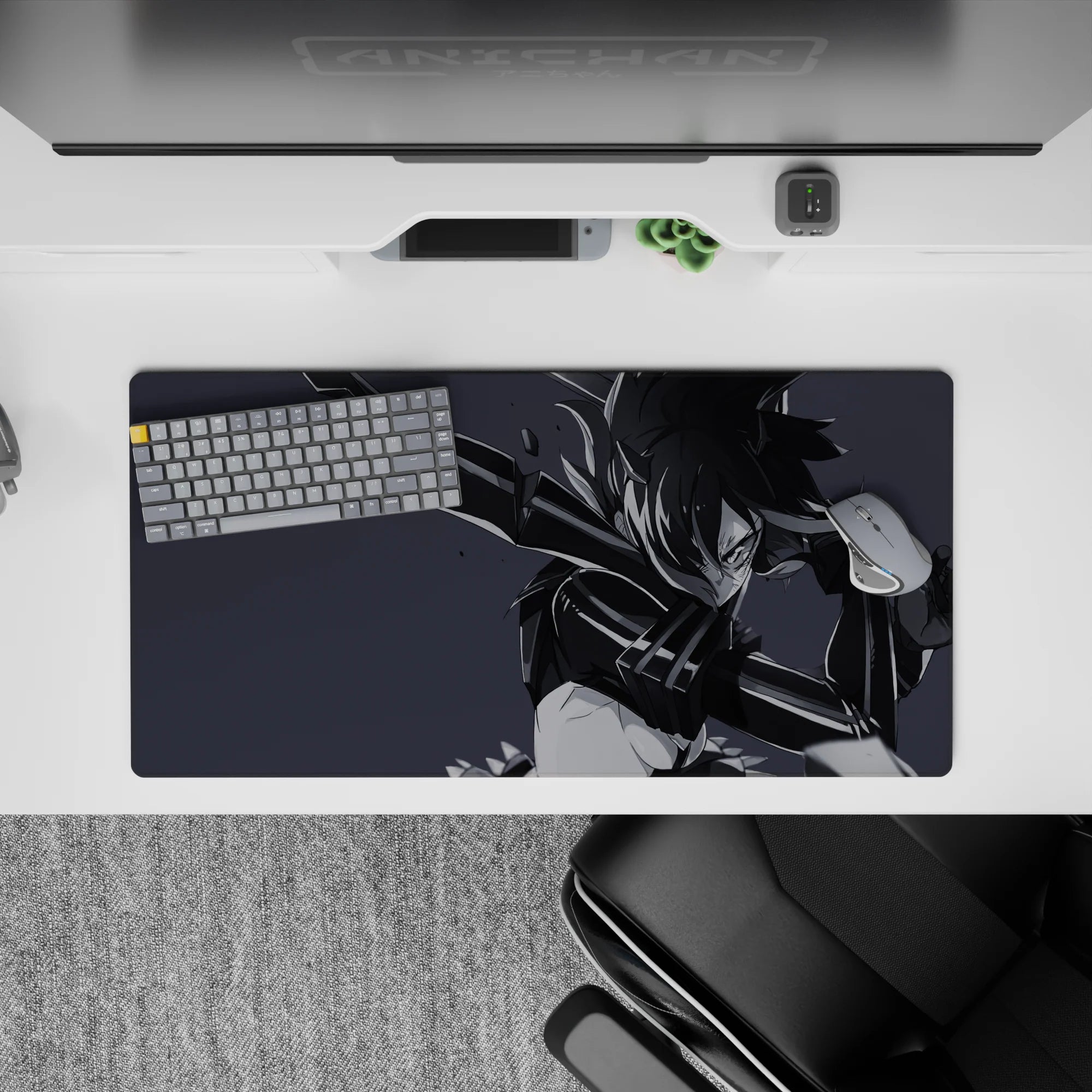 Moody monochrome anime girl mouse pad 32x16 inches in smoky gray and black, glossy armor highlights.