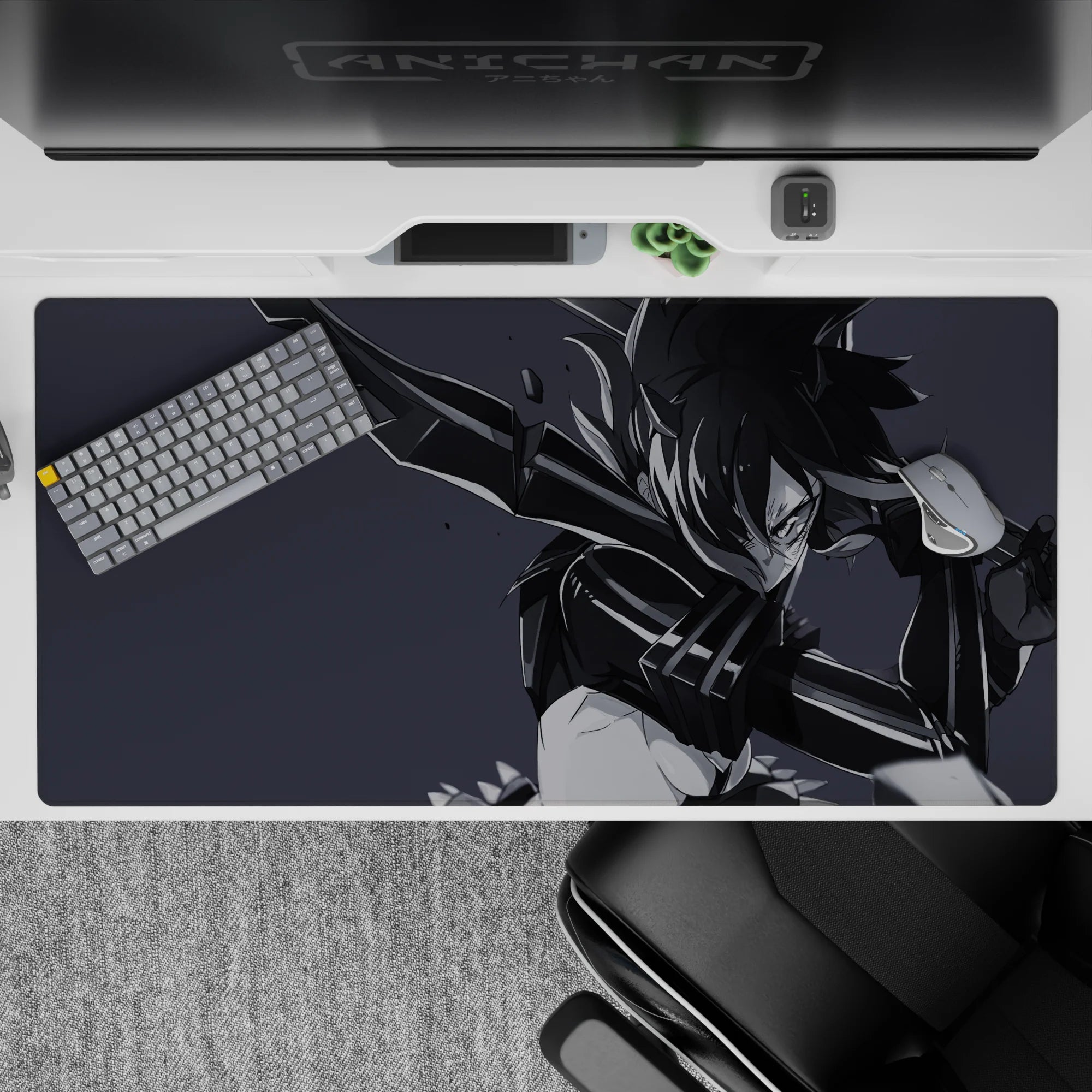 Moody monochrome anime girl desk pad 40x20 inches in smoky grays with bold ink strokes and gloss.