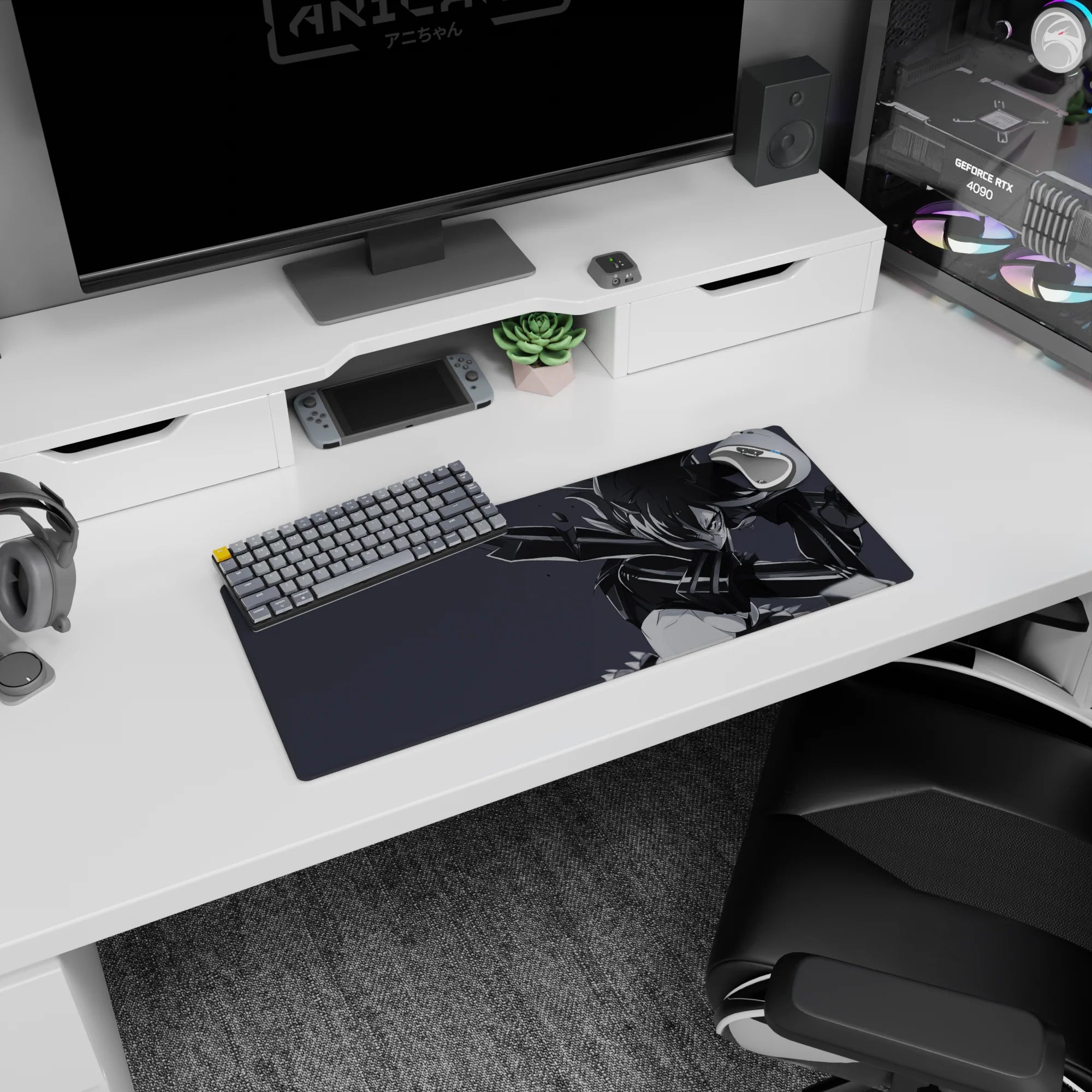 28x12 inches anime girl mouse pad showing a fierce lunge, focused stare, and giant sword sweeping behind her.