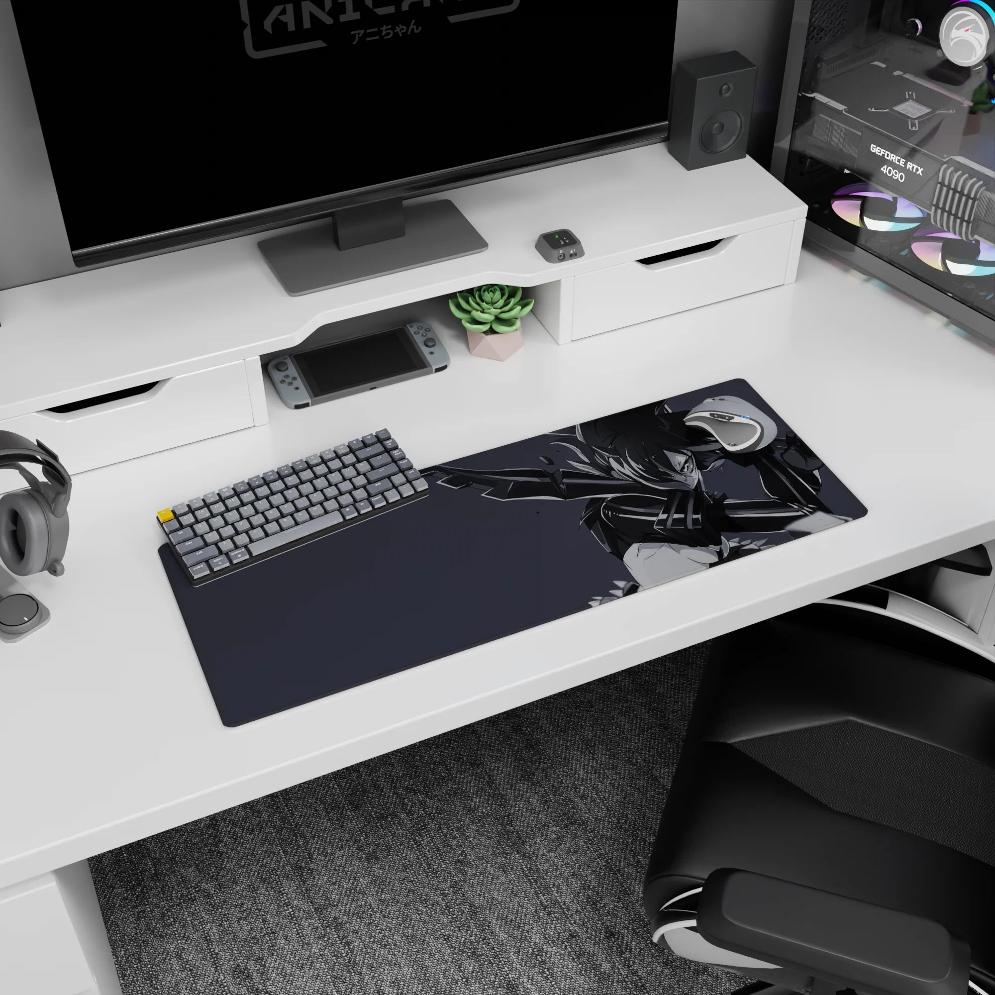 Anime warrior girl lunging with massive sword, intense stare, on 32x12 inches extended mouse pad.