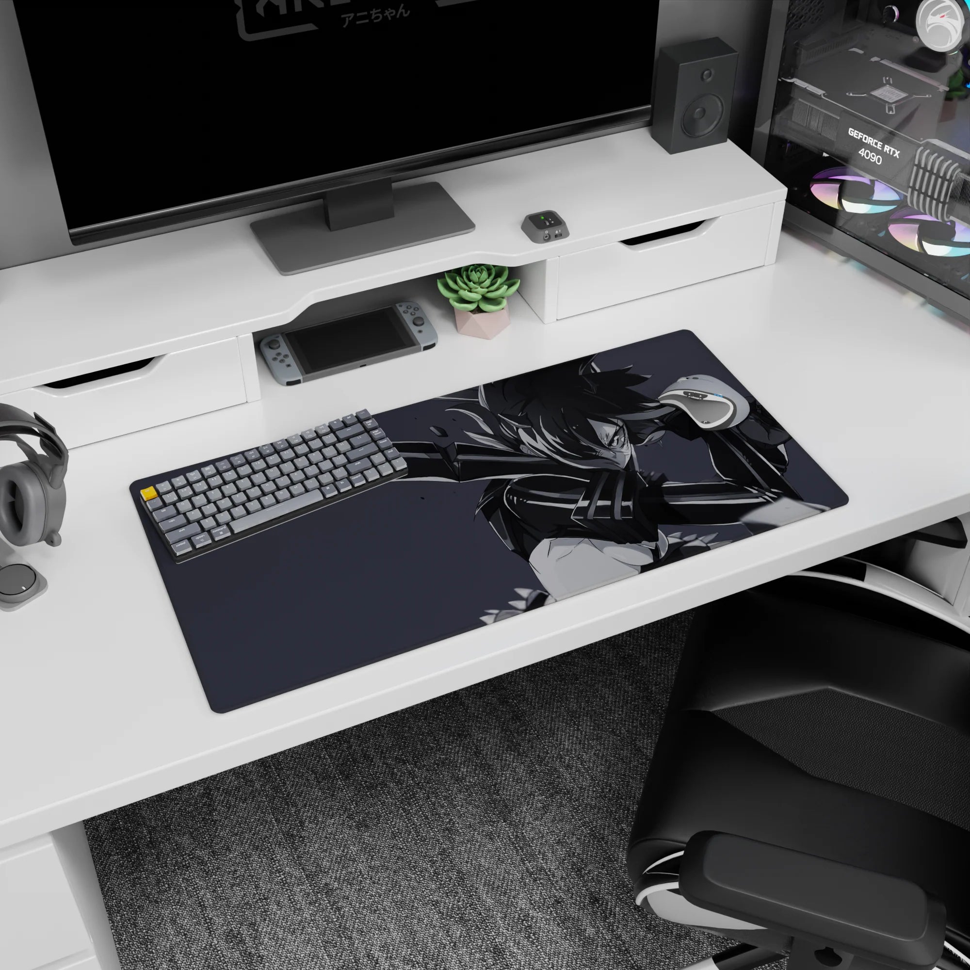 Focused anime warrior girl lunging on mouse pad 32x16 inches, hair whipping as a huge sword arcs behind.