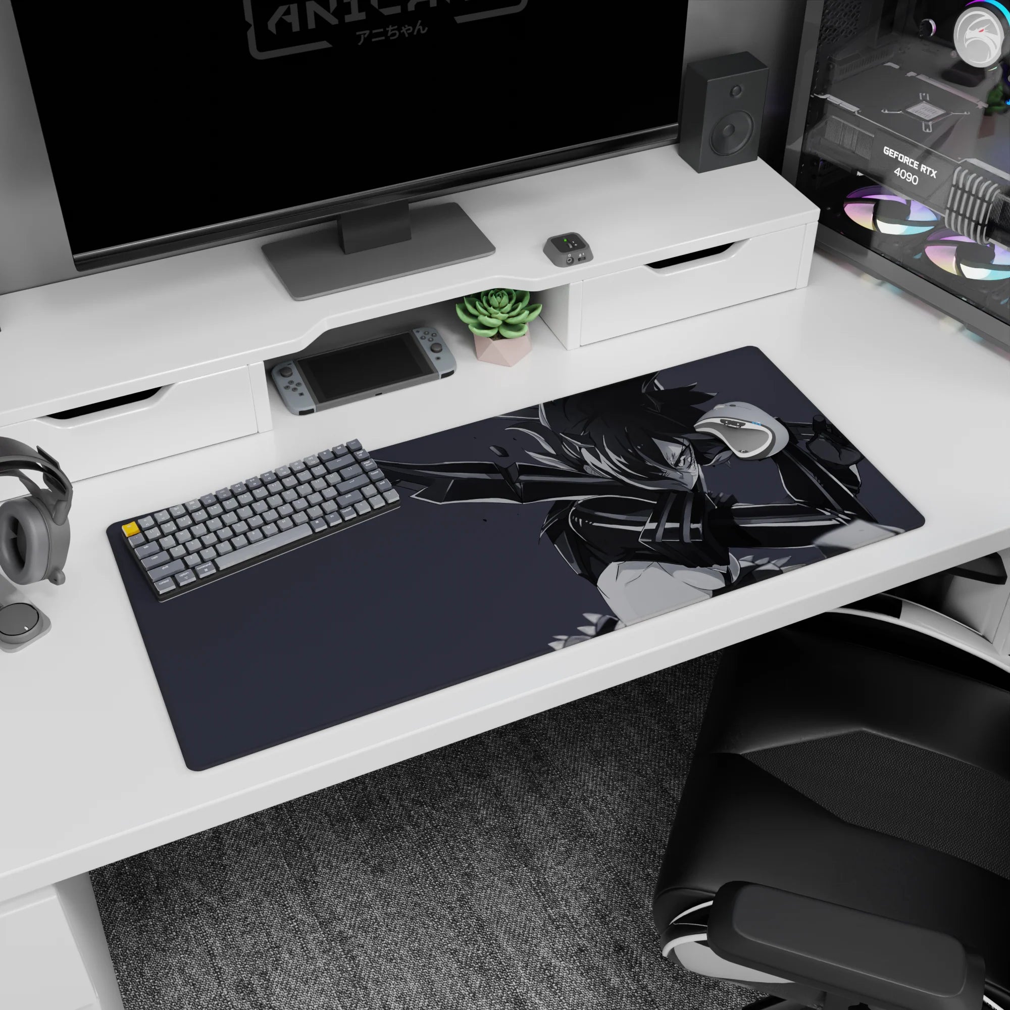 Fierce anime girl lunging with massive sword on desk pad 36x16 inches, intense stare in motion.