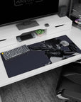 Fierce anime girl lunging with massive sword on desk pad 36x16 inches, intense stare in motion.
