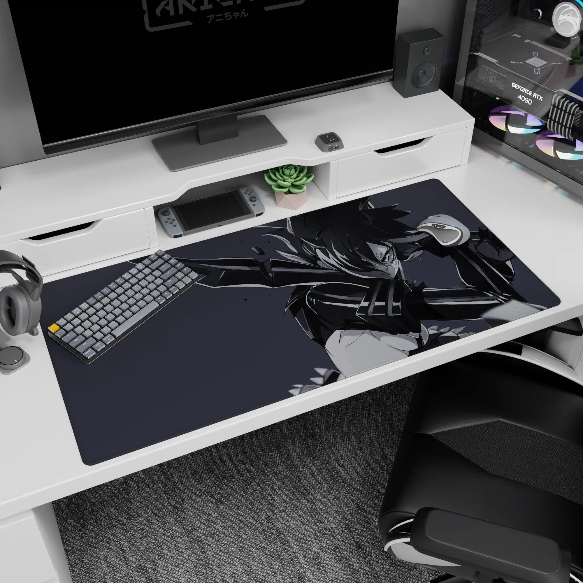 Fierce anime girl lunging, hair whipping, huge sword arcing behind her on a 40x20 inches desk pad.