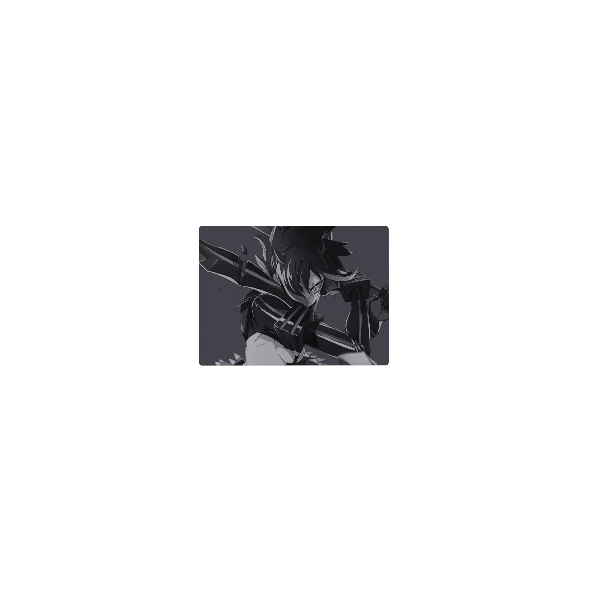 Classic anime girl mouse pad 14x10 inches with armored warrior and huge blade, bold ink-stroke action art.