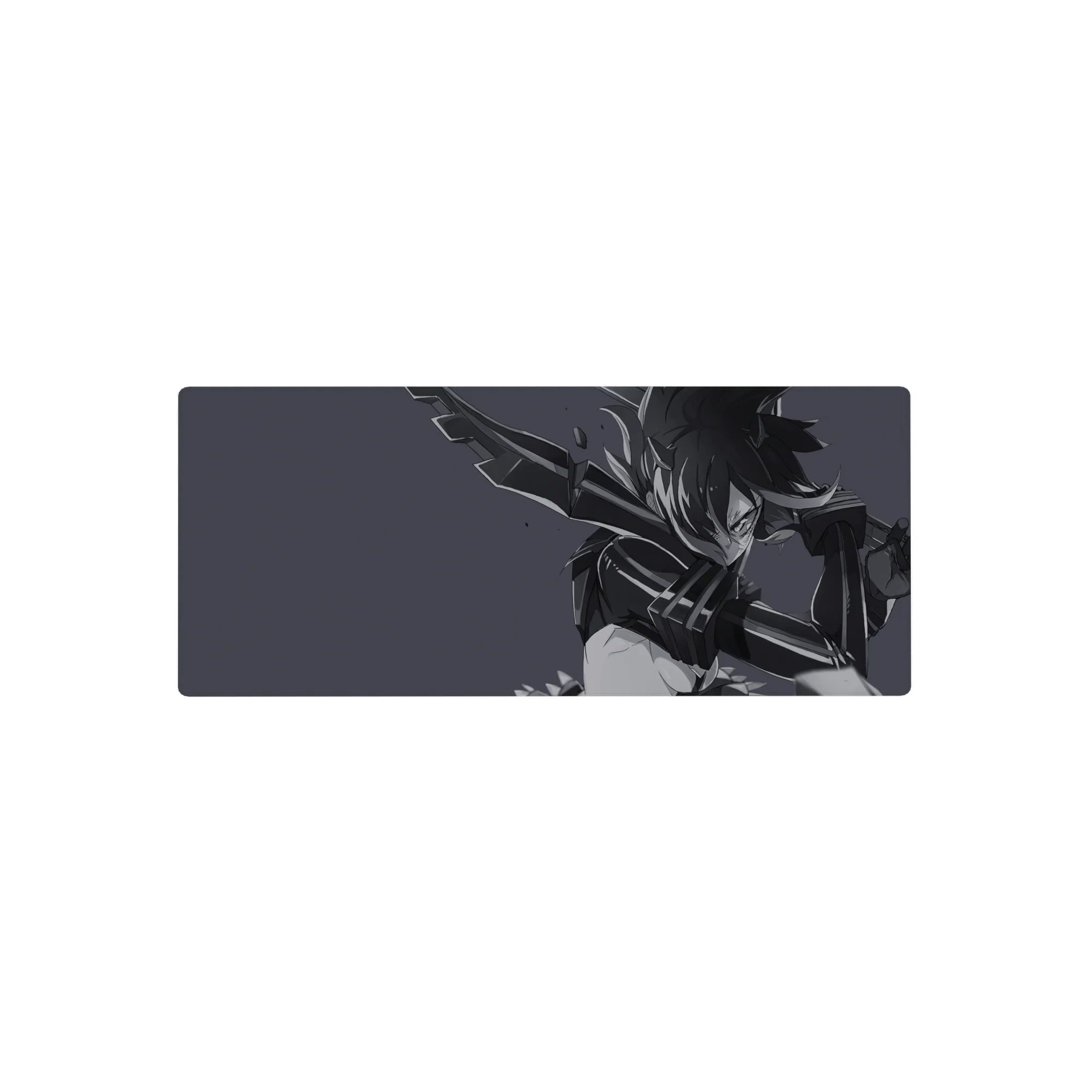 28x12 inches anime girl mouse pad with armored warrior and oversized blade on smoky gray background.