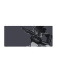 28x12 inches anime girl mouse pad with armored warrior and oversized blade on smoky gray background.