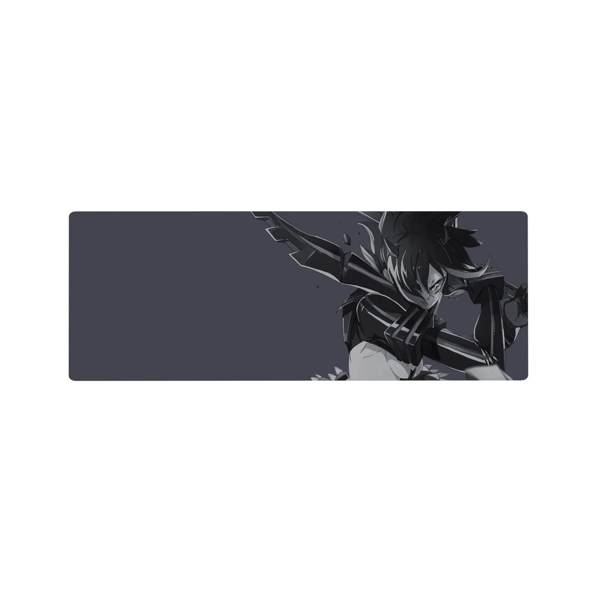 Anime girl mouse pad 32x12 inches with armored warrior and oversized blade on smoky gray background.