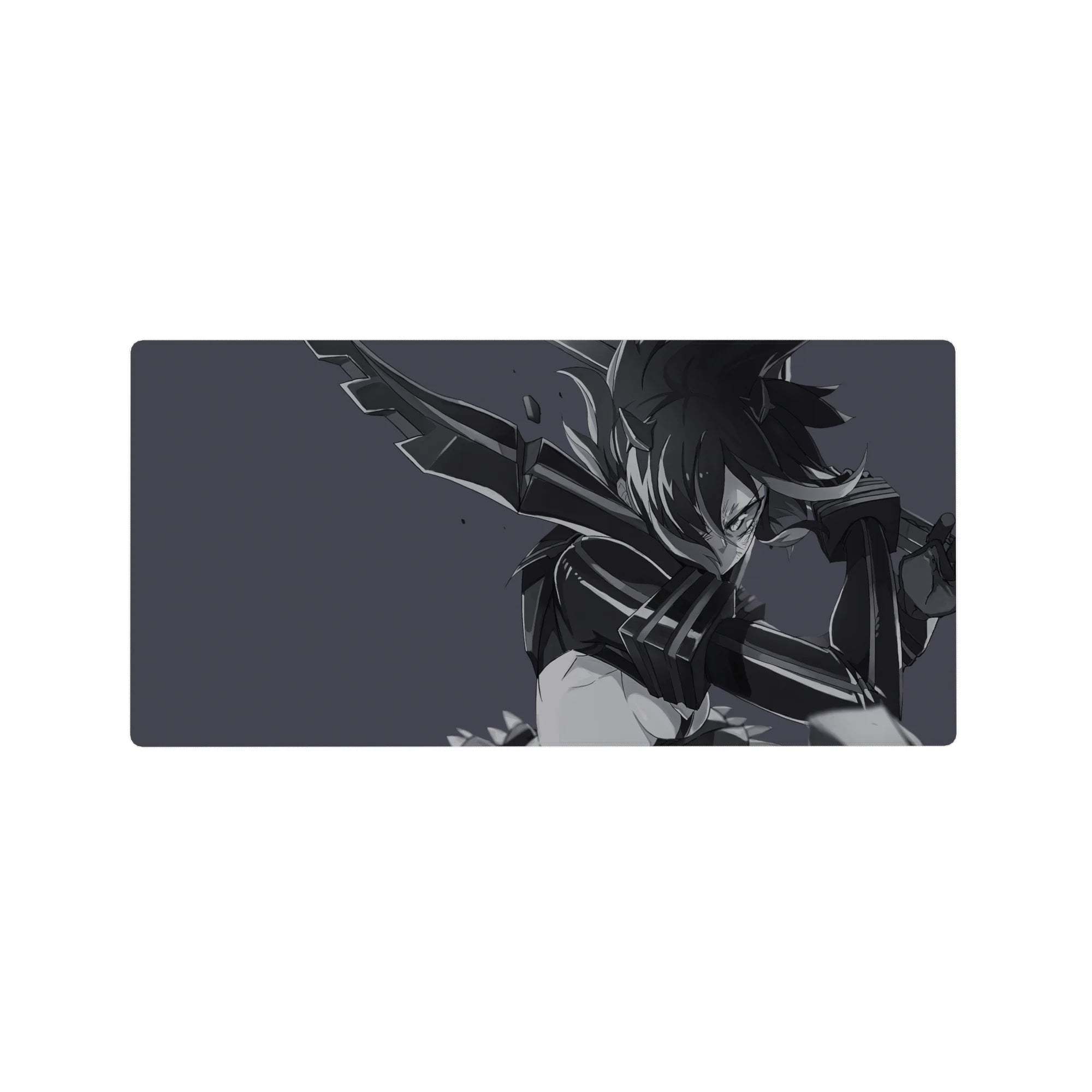 Anime girl mouse pad 32x16 inches with armored warrior and massive blade, dynamic ink-streak action pose.