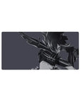 Anime girl mouse pad 32x16 inches with armored warrior and massive blade, dynamic ink-streak action pose.