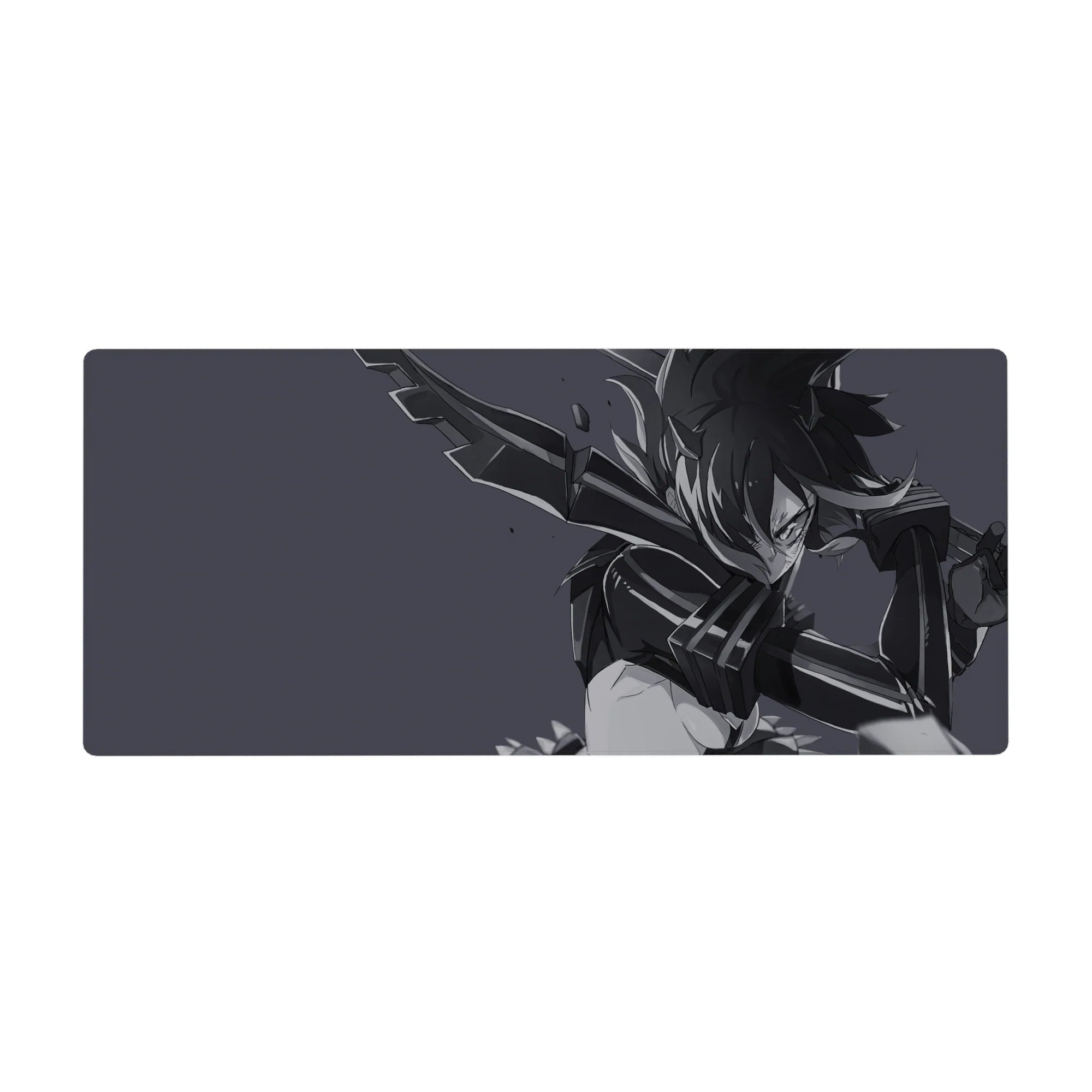 Anime girl desk pad 36x16 inches with armored warrior and oversized blade on smoky gray backdrop.