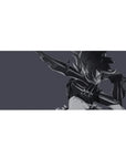 Anime girl desk pad 36x16 inches with armored warrior and oversized blade on smoky gray backdrop.