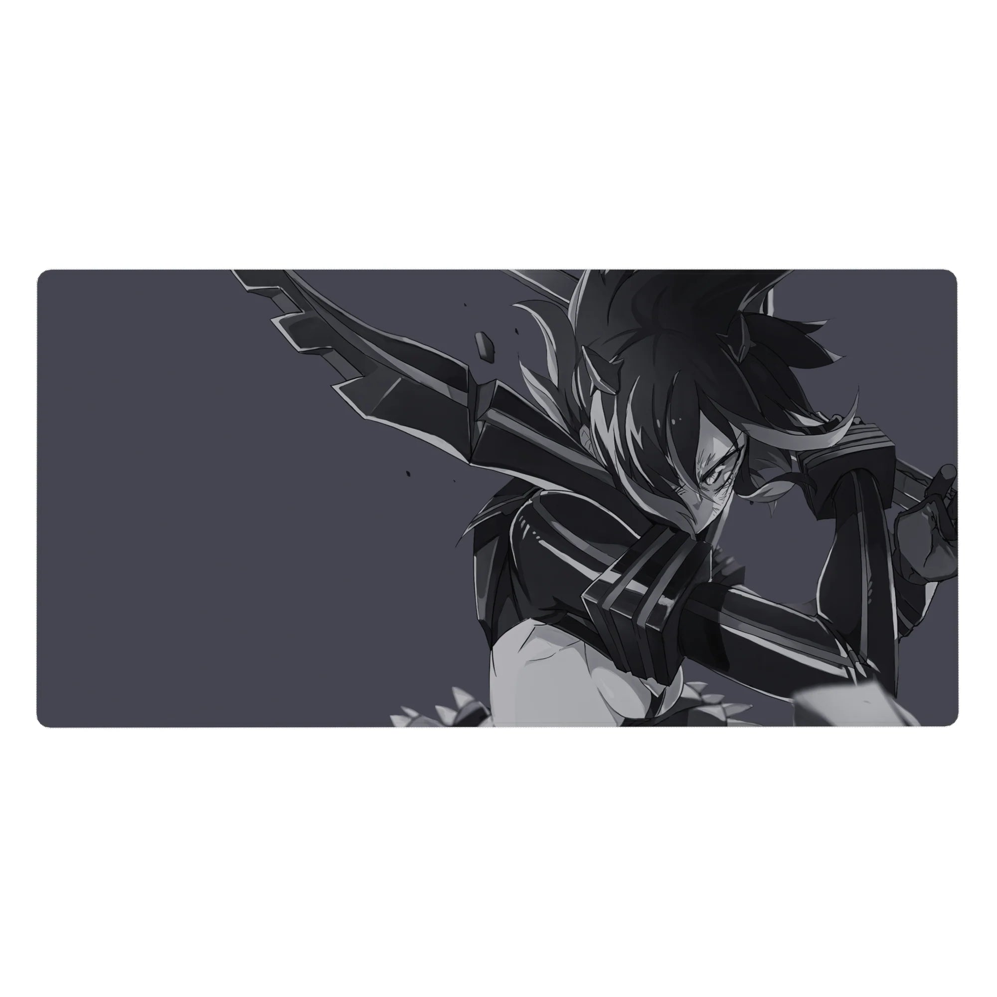 Anime girl desk pad 40x20 inches with armored warrior and oversized blade on smoky gray backdrop.