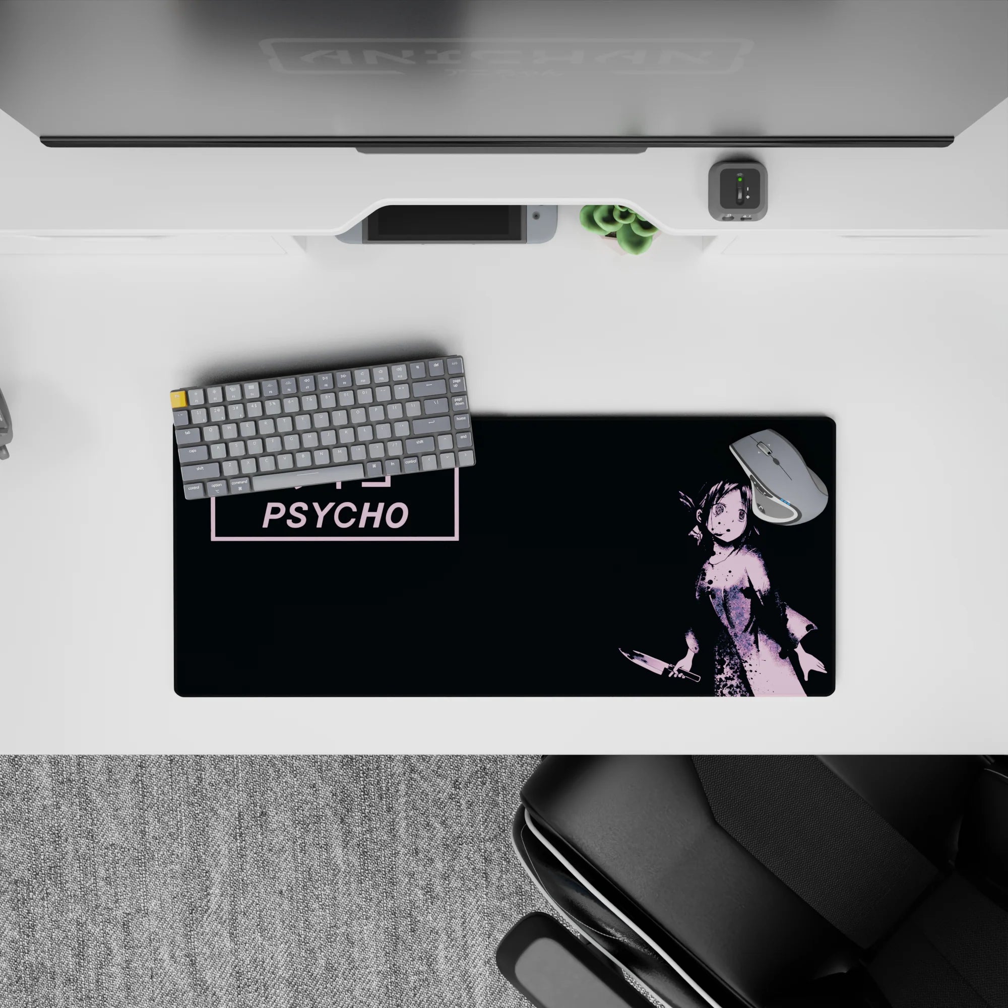 28x12 inches moody pink and black anime desk mat, gritty ink splatter vibe, cute but dangerous feel.