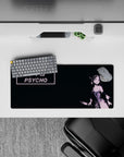 28x12 inches moody pink and black anime desk mat, gritty ink splatter vibe, cute but dangerous feel.