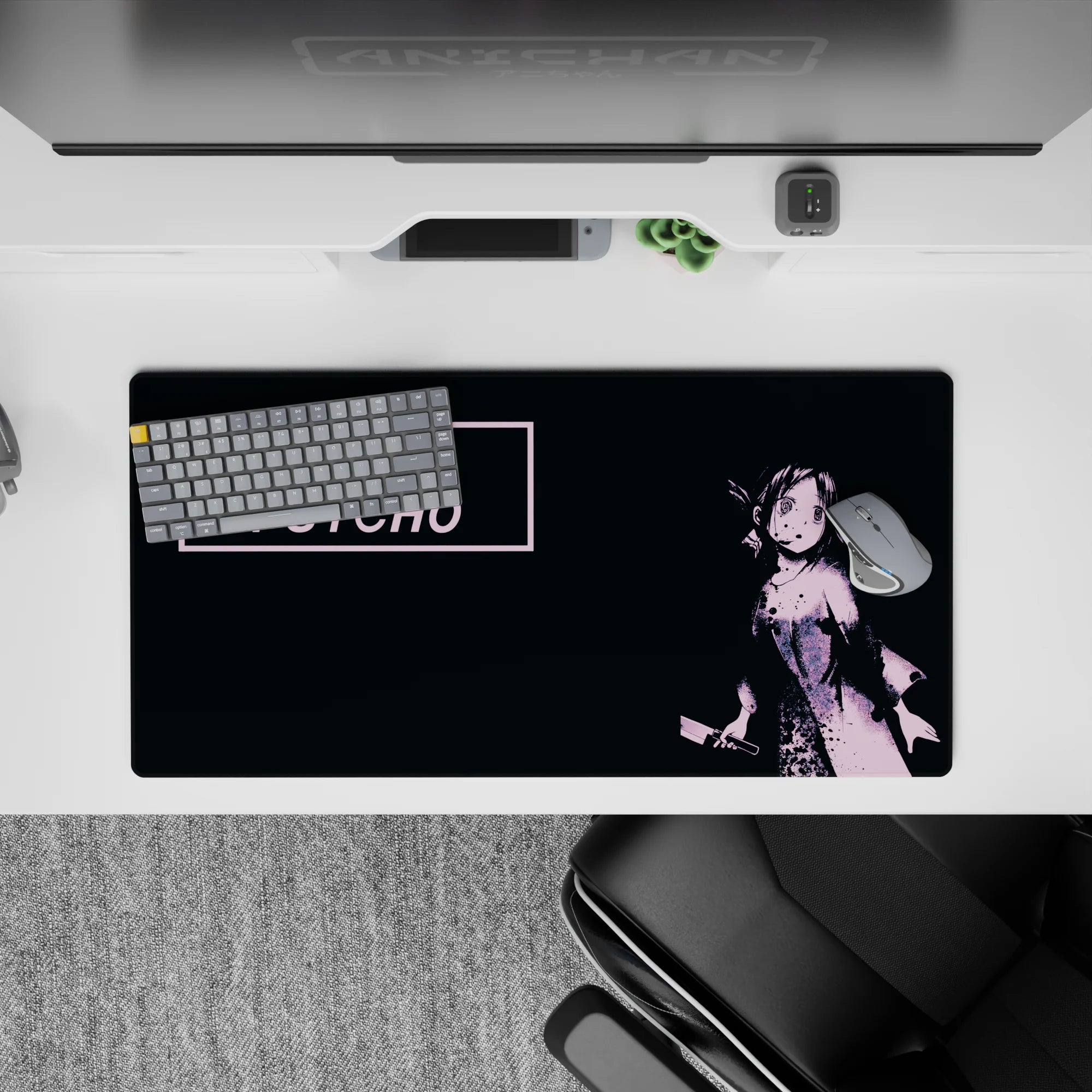 32x16 inches mouse pad in soft pink and deep black, moody mischievous vibe with grunge ink splatter.