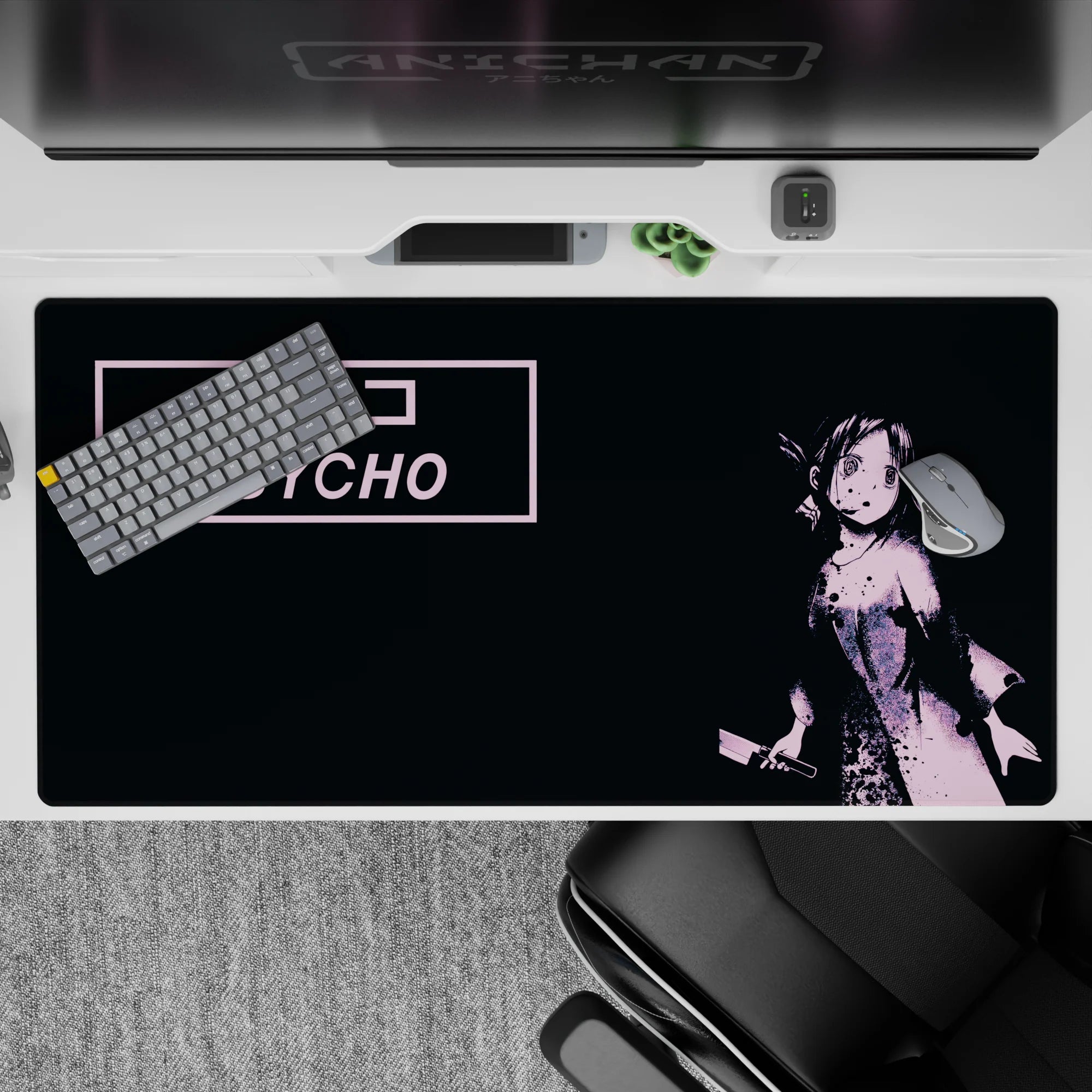 Pink and black anime desk pad 40x20 inches, moody mischievous vibe with gritty vintage ink splatter.