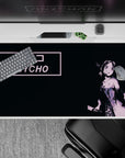 Pink and black anime desk pad 40x20 inches, moody mischievous vibe with gritty vintage ink splatter.