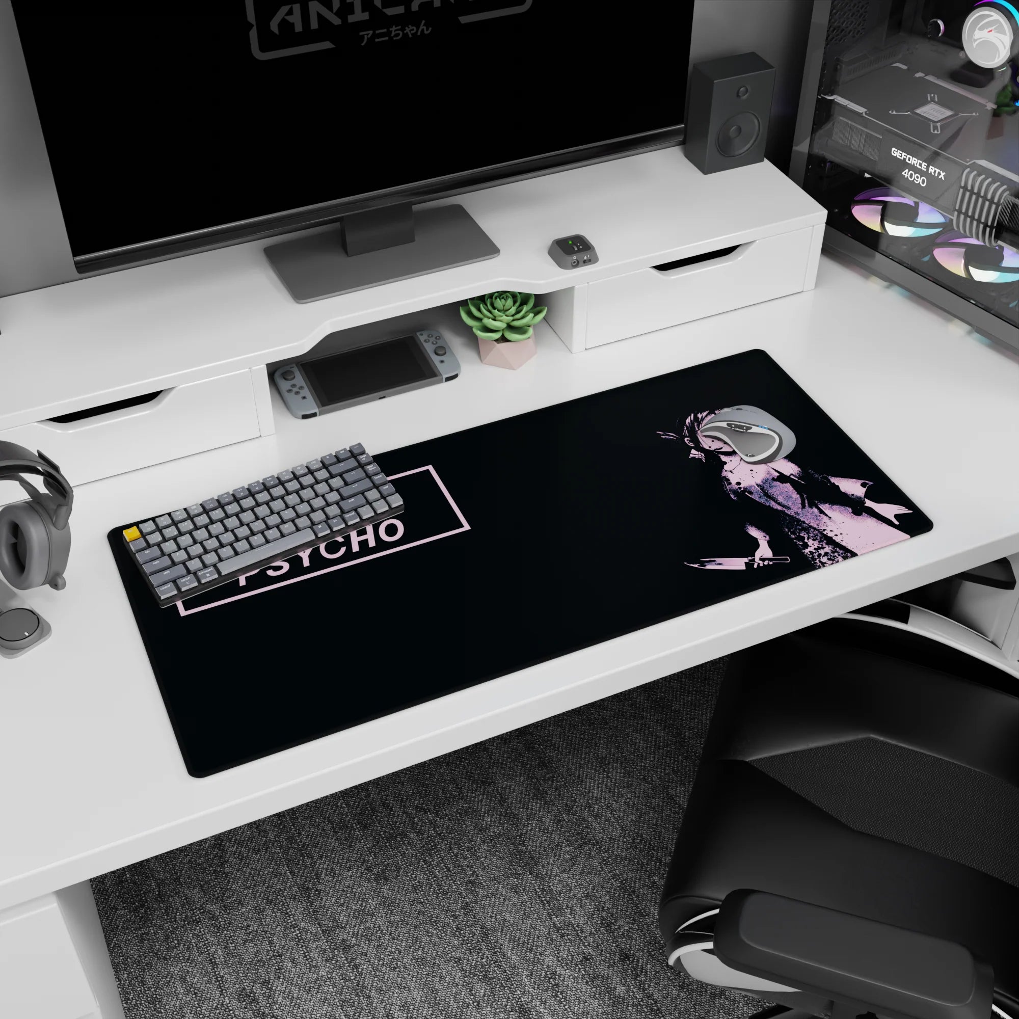Rena Ryugu Higurashi 36x16 inches desk pad, anime girl holding a blade in a bold screenprint style.