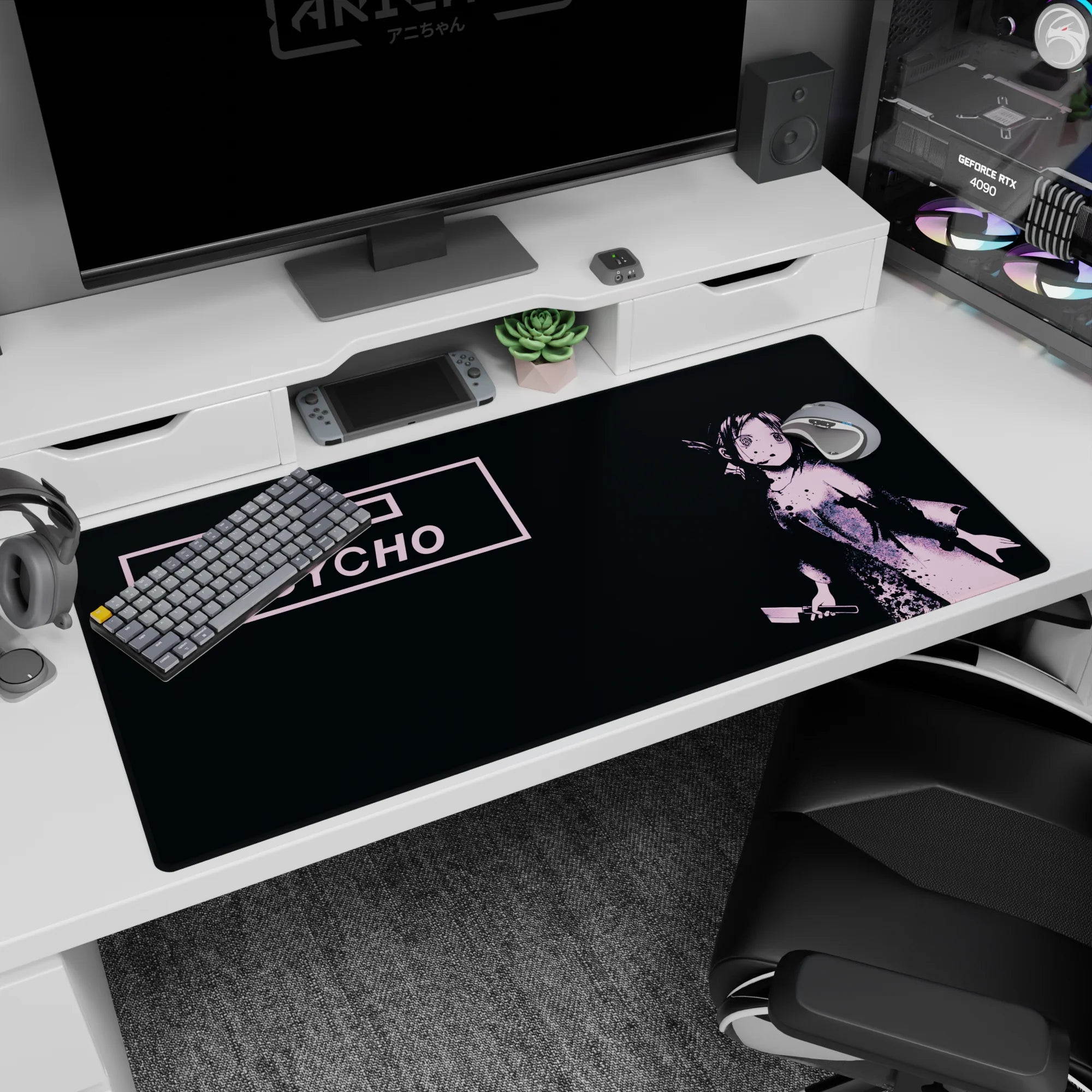 Rena Ryugu holding a blade on anime desk pad 40x20 inches, cozy yet dangerous dark background.