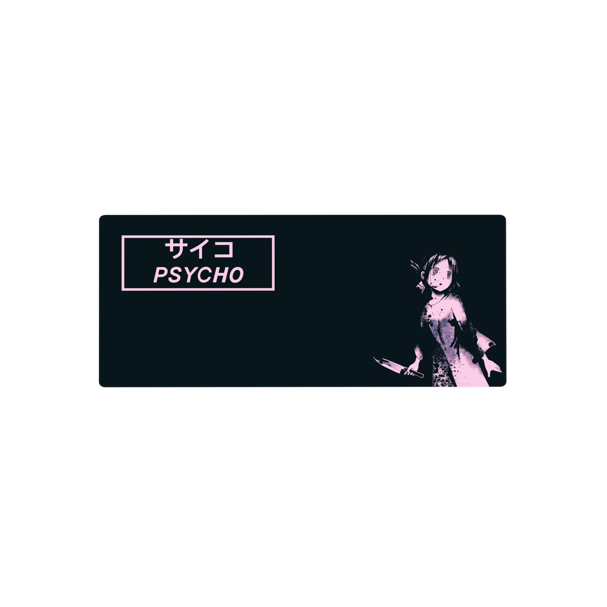 28x12 inches anime girl mouse pad with PSYCHO/サイコ text, splatter screenprint style, dark desk field.