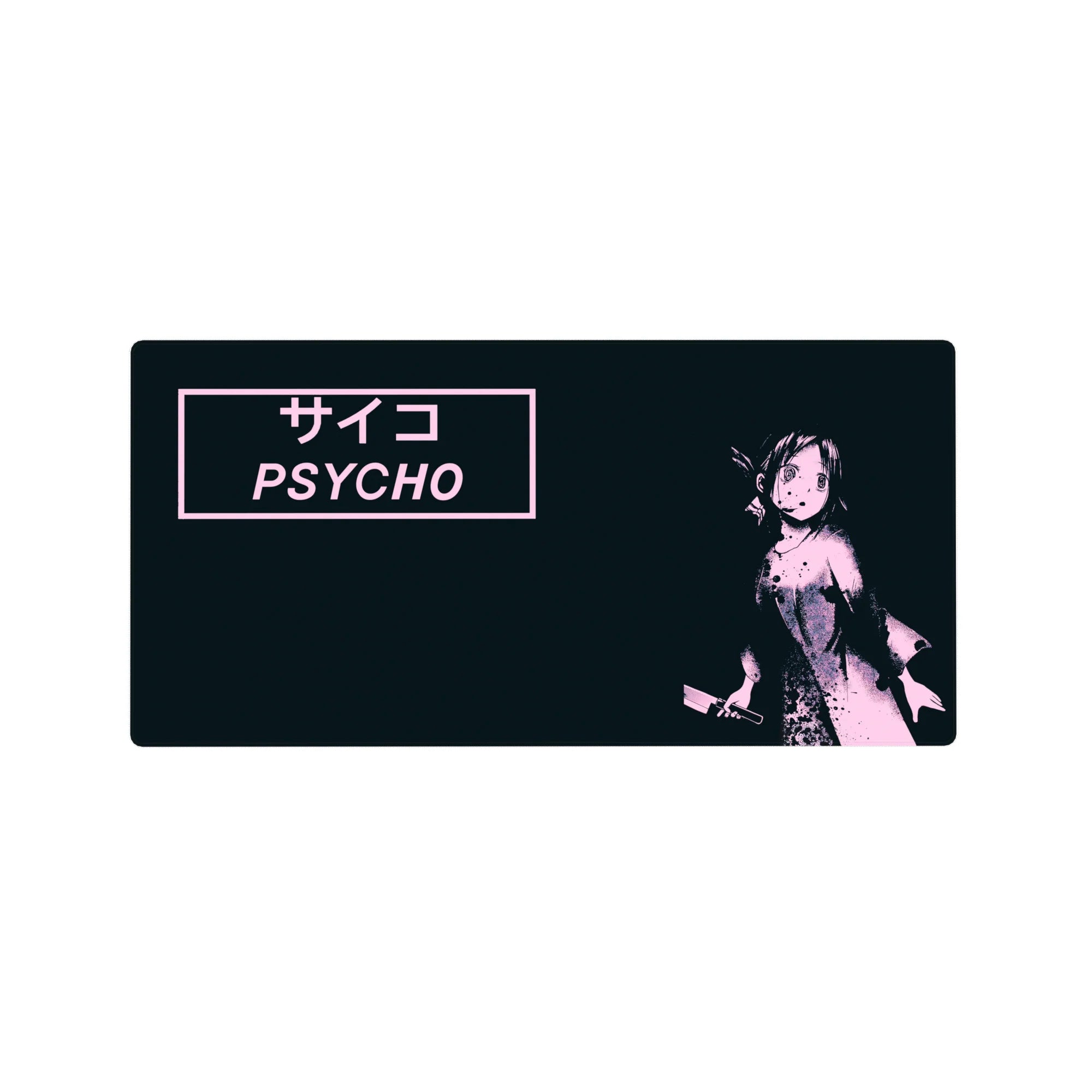 32x16 inches anime girl mouse pad with PSYCHO サイコ text, gritty splatter, and bold screenprint style.