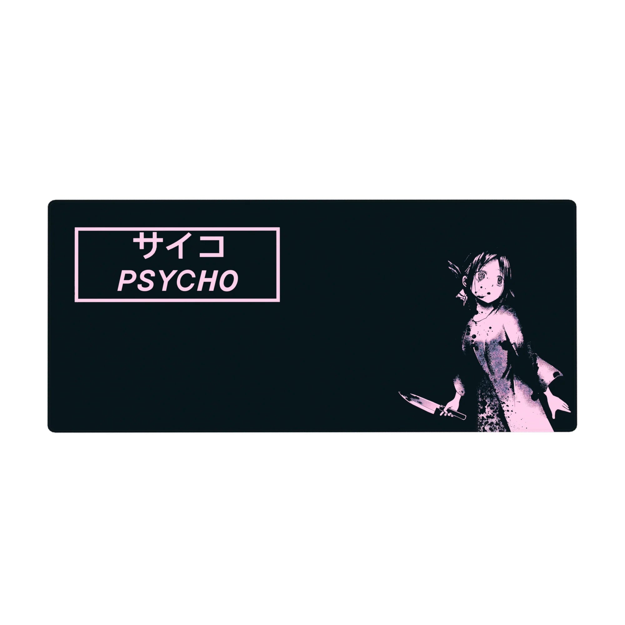 Anime girl desk pad 36x16 inches with PSYCHO サイコ block, splatter print, and dark mouse glide area.