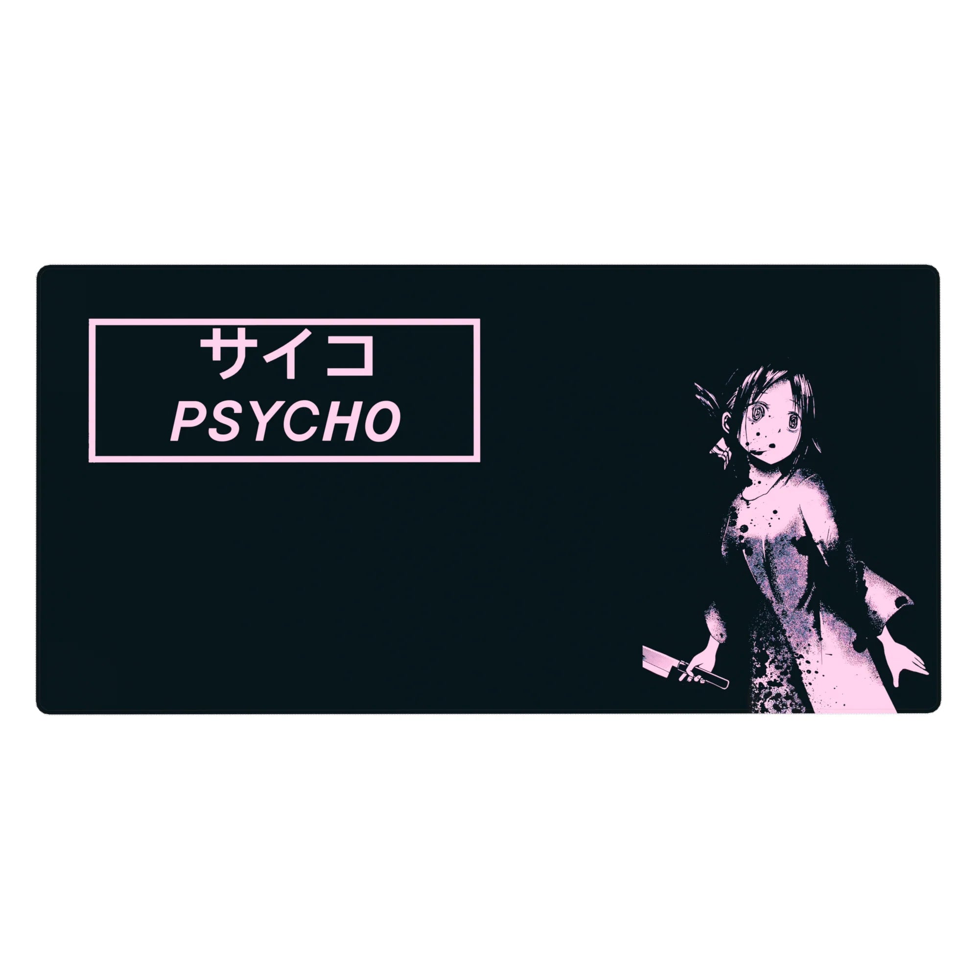 Higurashi-inspired anime girl desk pad 40x20 inches with PSYCHO サイコ text and splatter print.