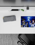 Midnight cobalt and navy anime mouse pad 14x10 inches, bright moon glow with warm red and gold accents.