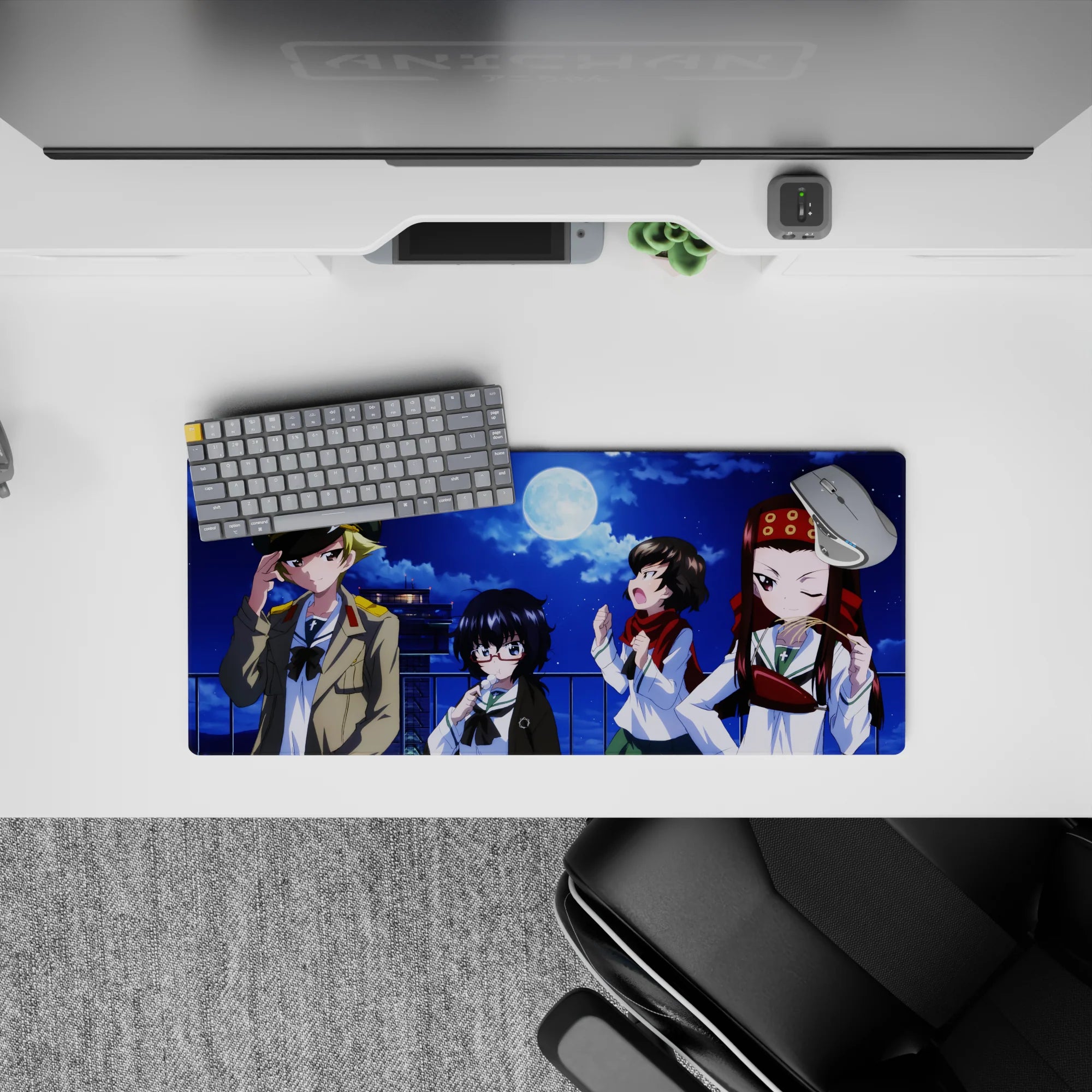 28x12 inches anime girl mouse pad in deep cobalt and navy with warm red-gold accents, midnight vibe.