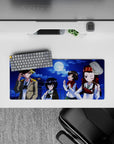 28x12 inches anime girl mouse pad in deep cobalt and navy with warm red-gold accents, midnight vibe.