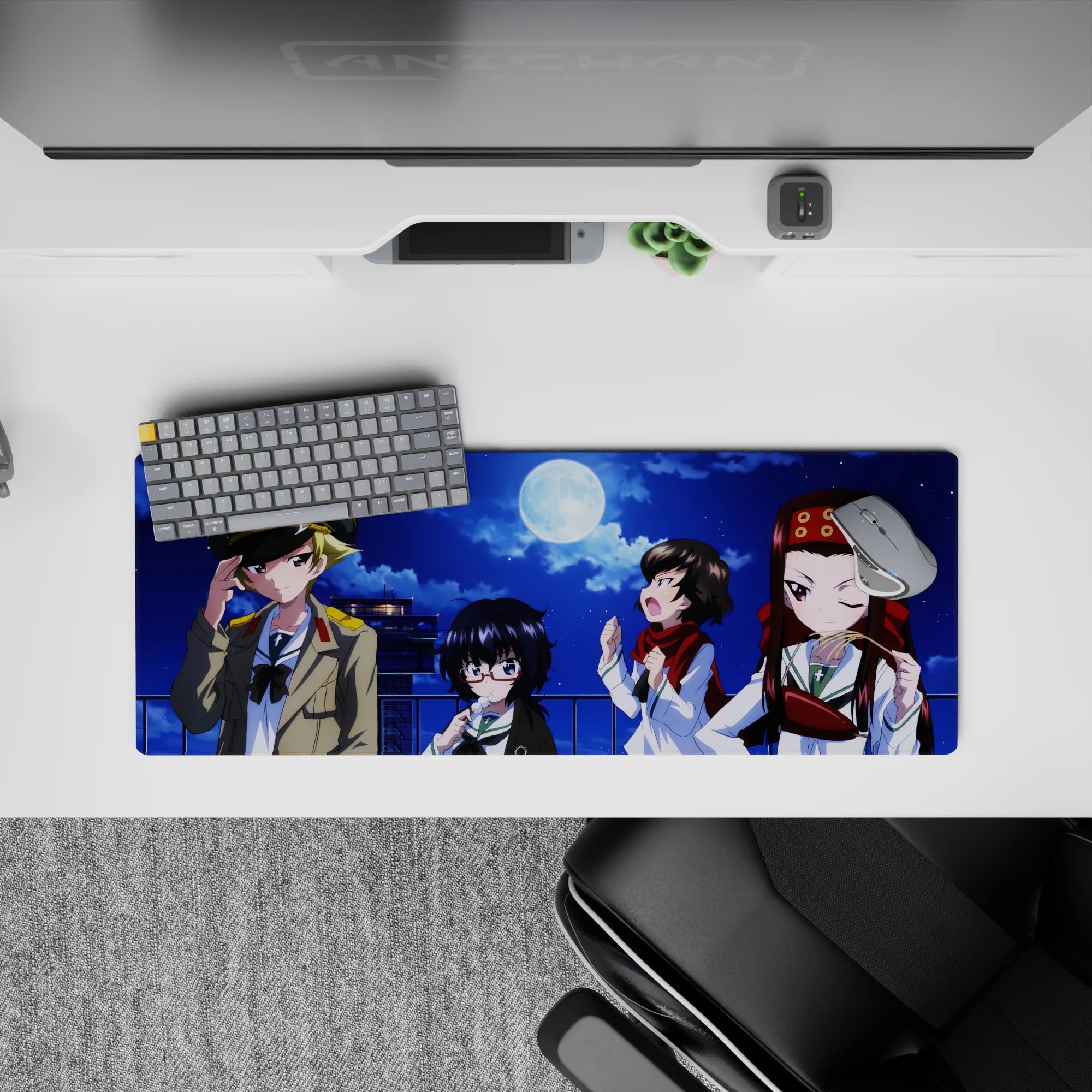 32x12 inches anime girl mouse pad in deep cobalt and navy with bright moon glow and warm red-gold accents.
