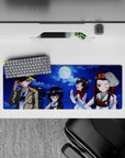 32x12 inches anime girl mouse pad in deep cobalt and navy with bright moon glow and warm red-gold accents.