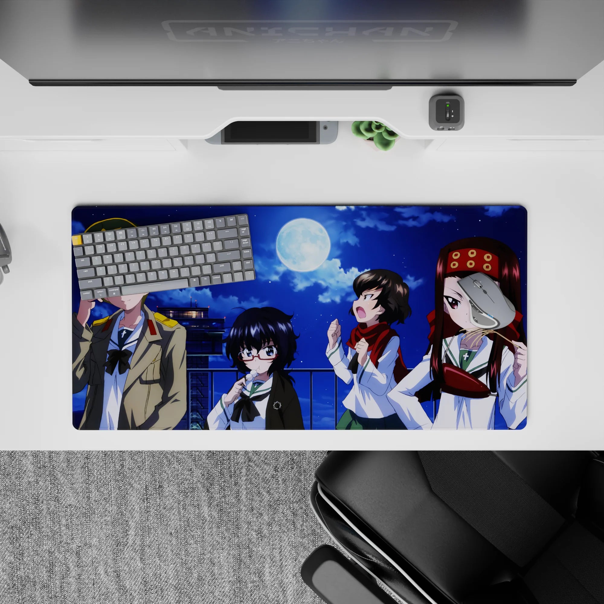 32x16 inches anime girl mouse pad in deep cobalt and navy with warm red-gold accents, midnight mischief vibe.