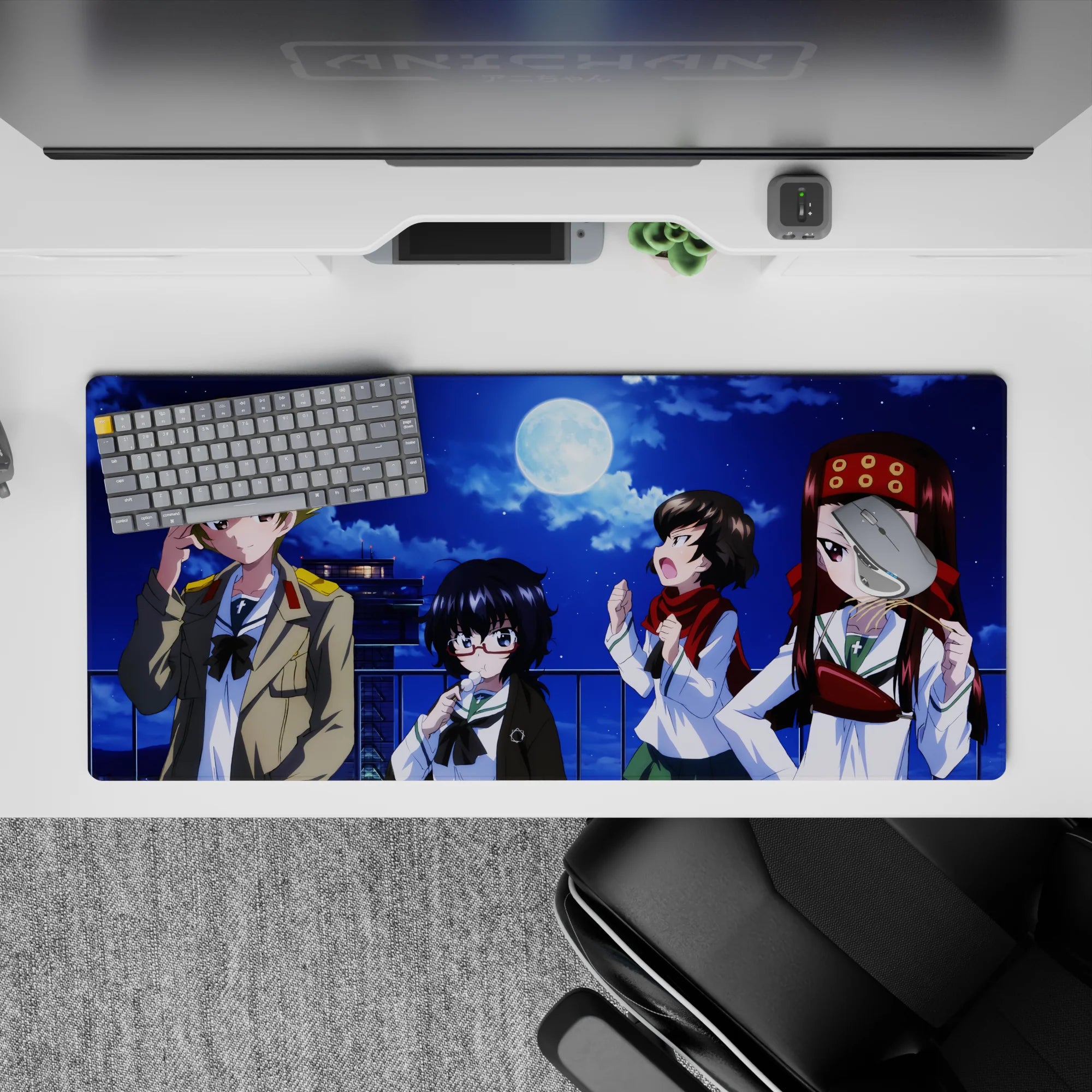 Midnight cobalt anime girl desk pad 36x16 inches, bright moon glow with navy shadows and red-gold pops.