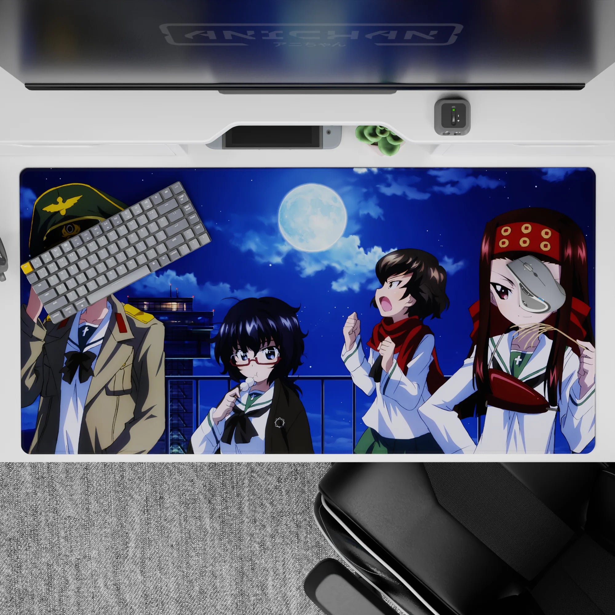Midnight cobalt moonlit anime girl desk pad 40x20 inches with navy shadows and warm red-gold pops.
