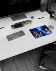 Rooftop moonlit scene anime girl mouse pad 14x10 inches, four friends posing playfully with cozy snacks.