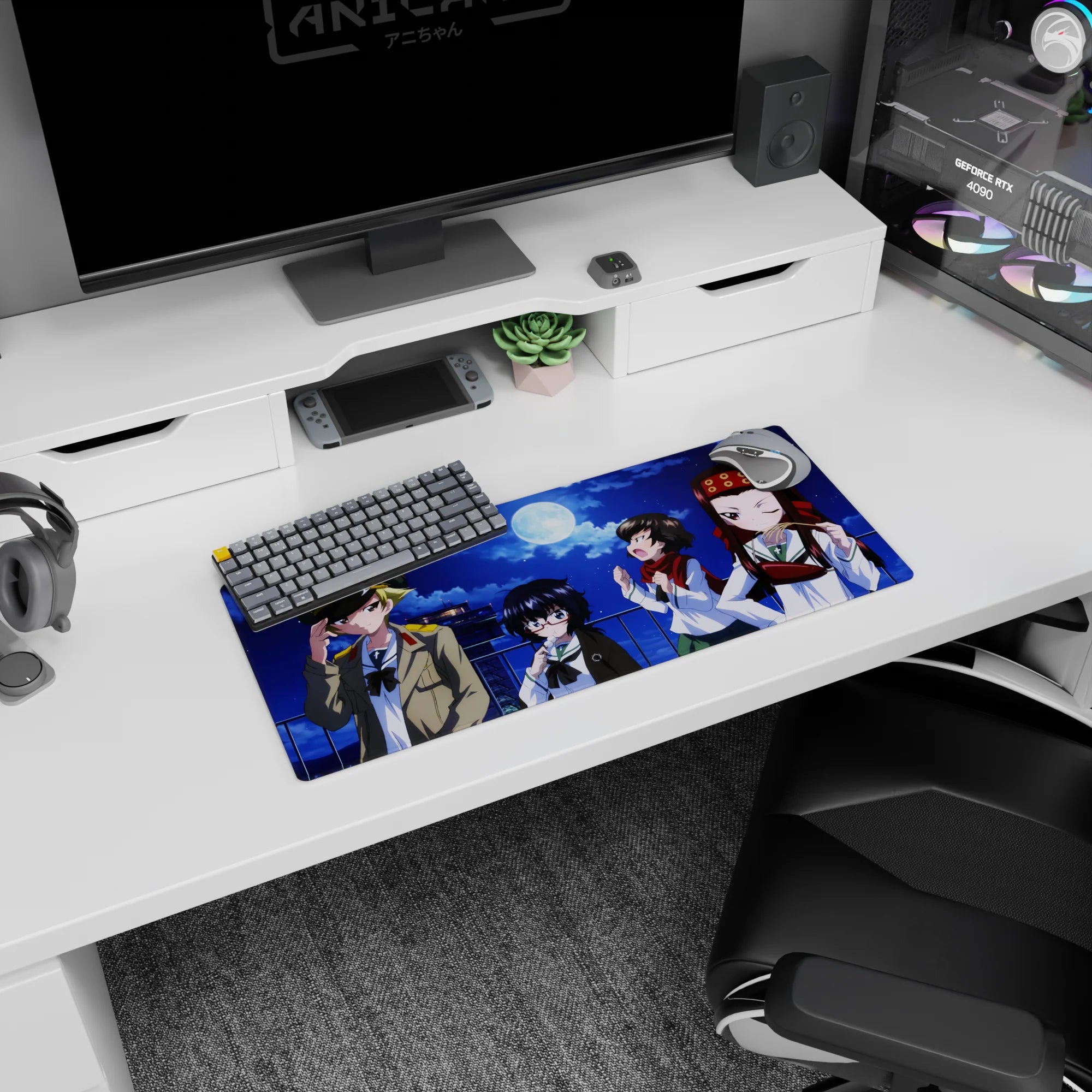 28x12 inches anime girl mouse pad showing four playful girls posing on a rooftop beneath a bright moon.