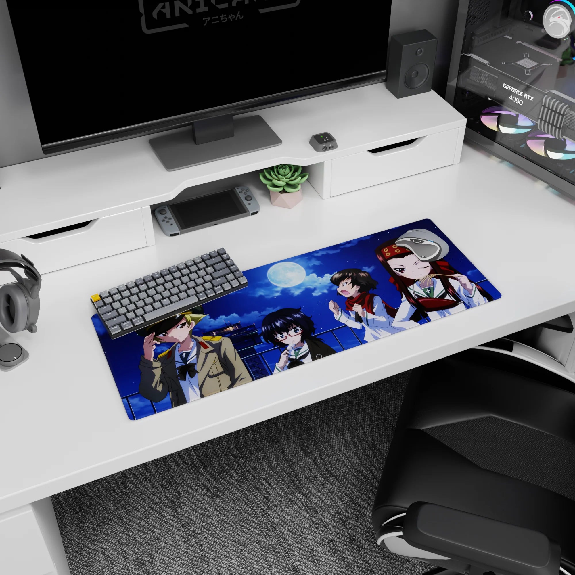 32x12 inches anime girl mouse pad showing four playful rooftop girls winking, posing, and sharing snacks.