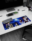 32x12 inches anime girl mouse pad showing four playful rooftop girls winking, posing, and sharing snacks.