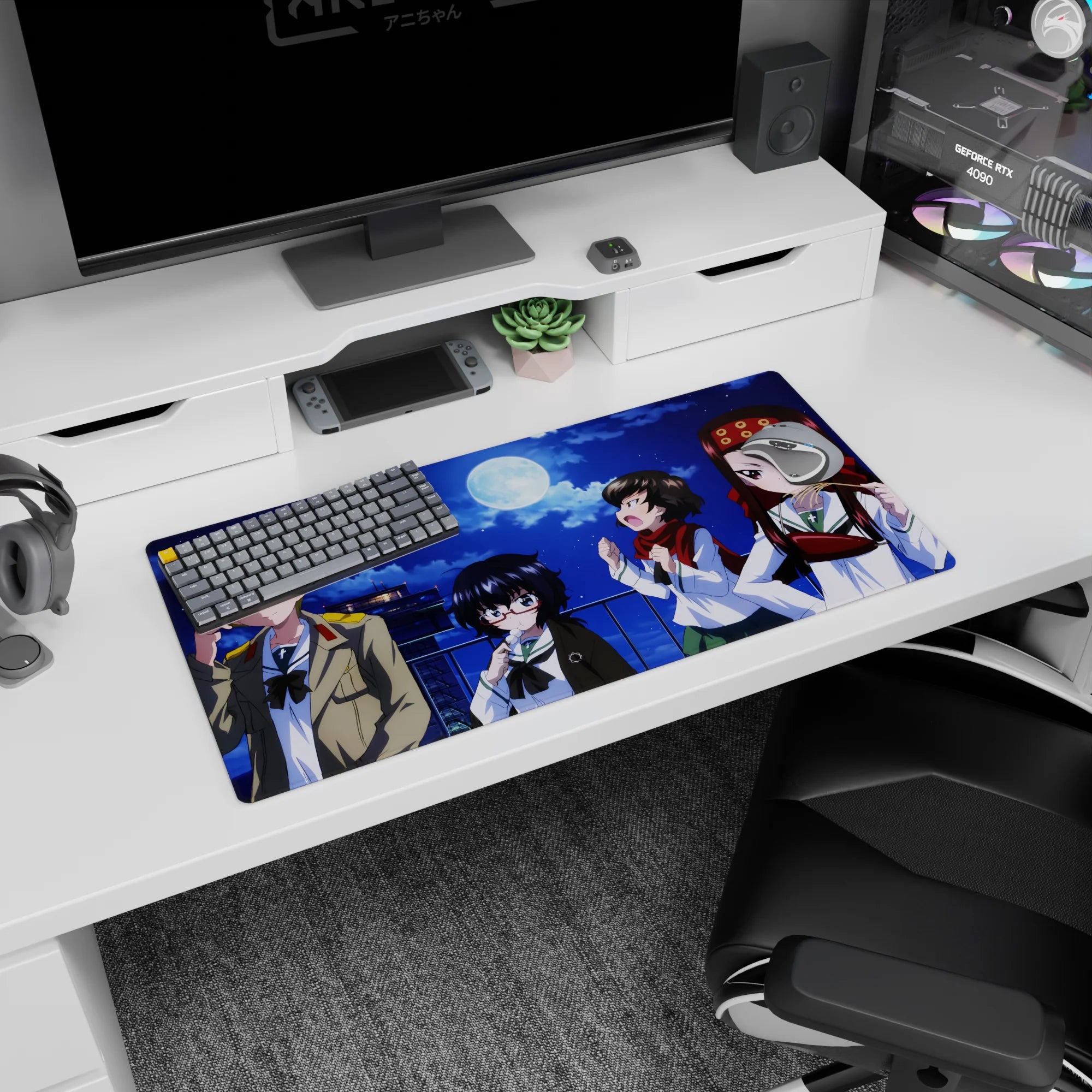32x16 inches anime girl mouse pad showing four winking girls on a rooftop under a bright full moon, cozy snacks.